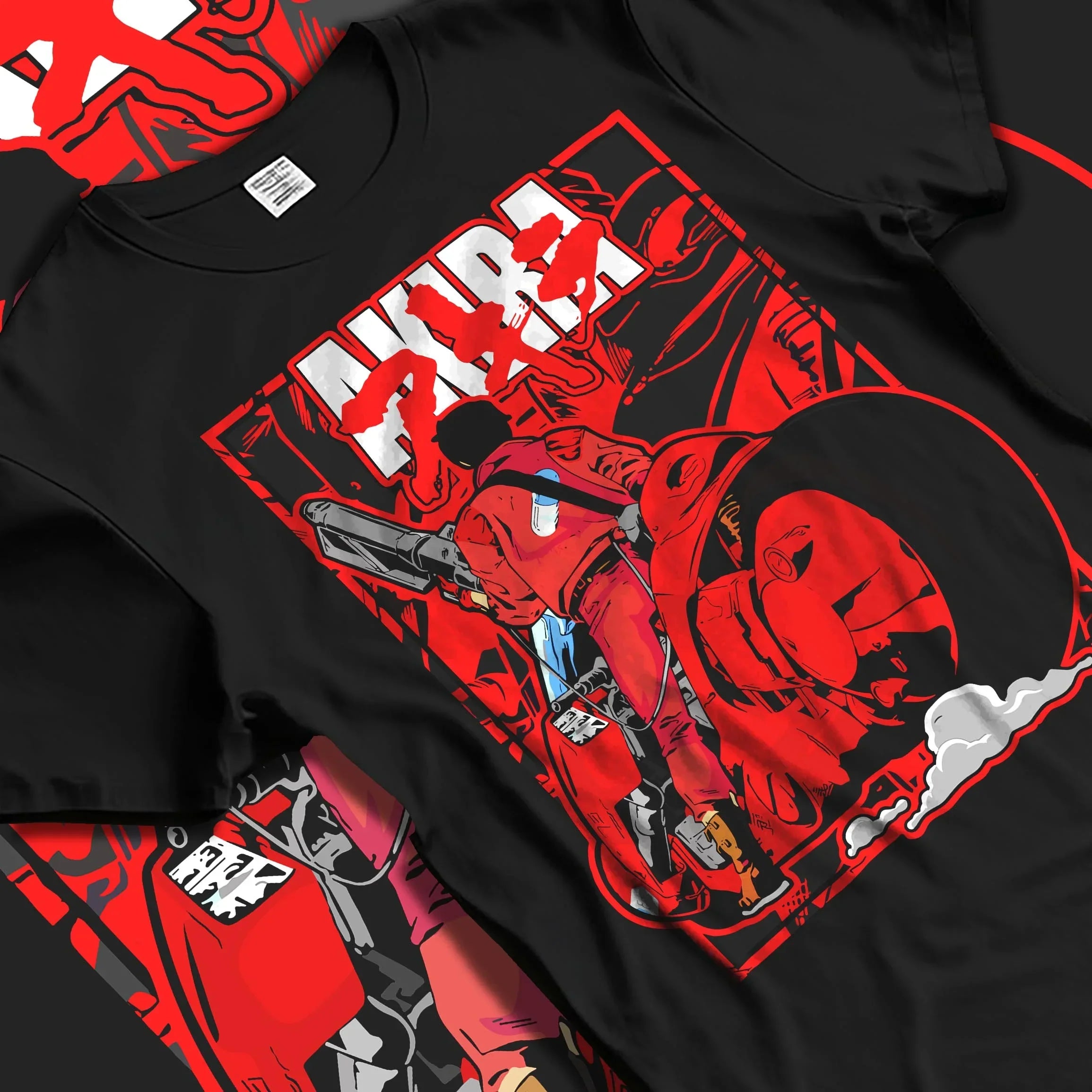 Black hoodie on hanger featuring Akira anime graphic of Kaneda with Neo-Tokyo red bike and bold retro text.