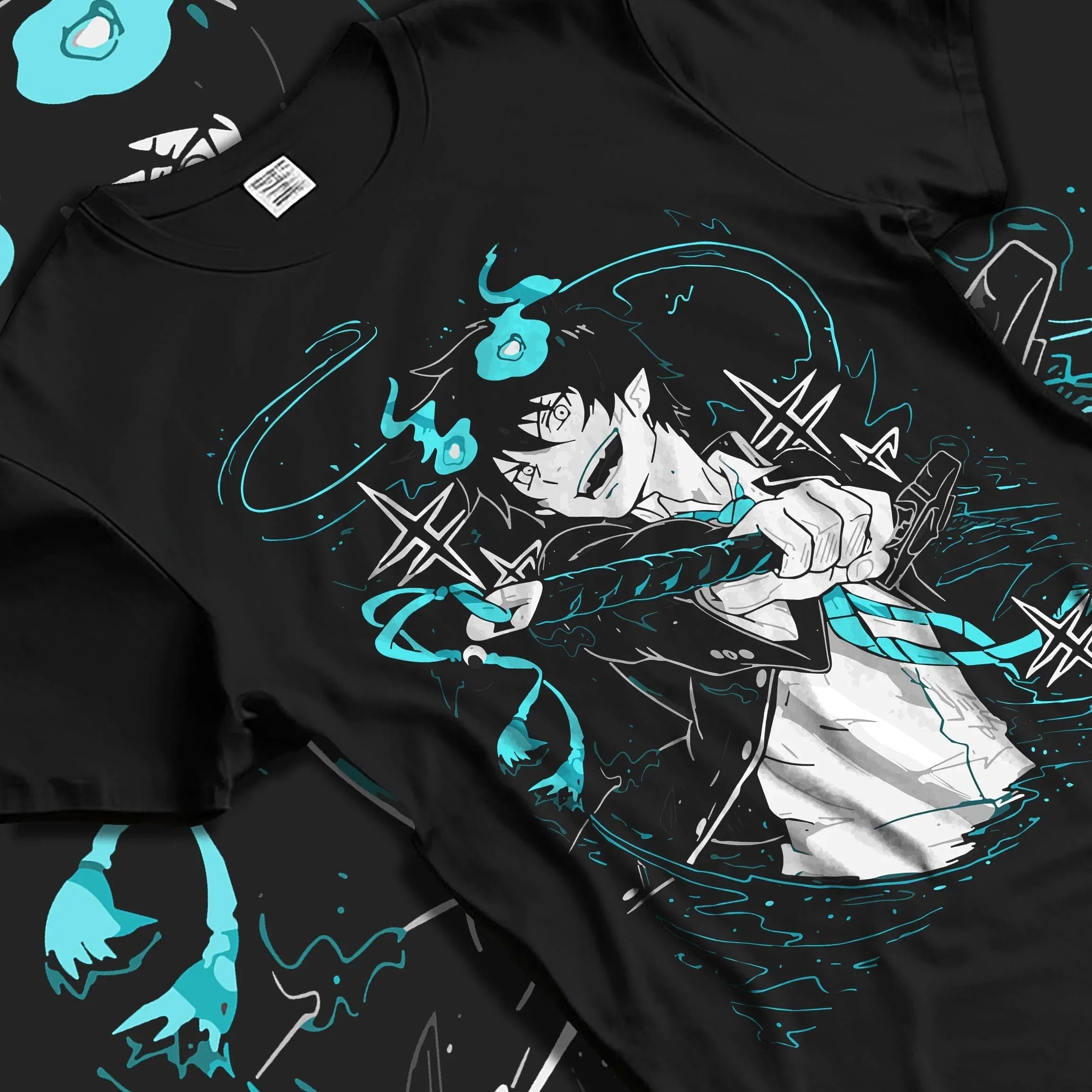 Black T-shirt featuring anime swordsman with glowing blue aura and katana, Japanese streetwear by Kunai.