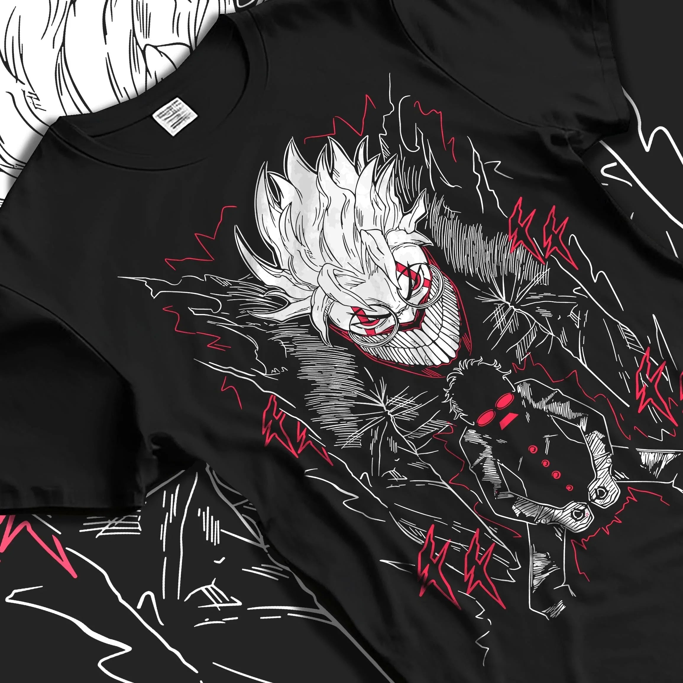 Black T-shirt laid flat featuring Dandadan character artwork with fiery hair, red highlights and manga-inspired streetwear design.
