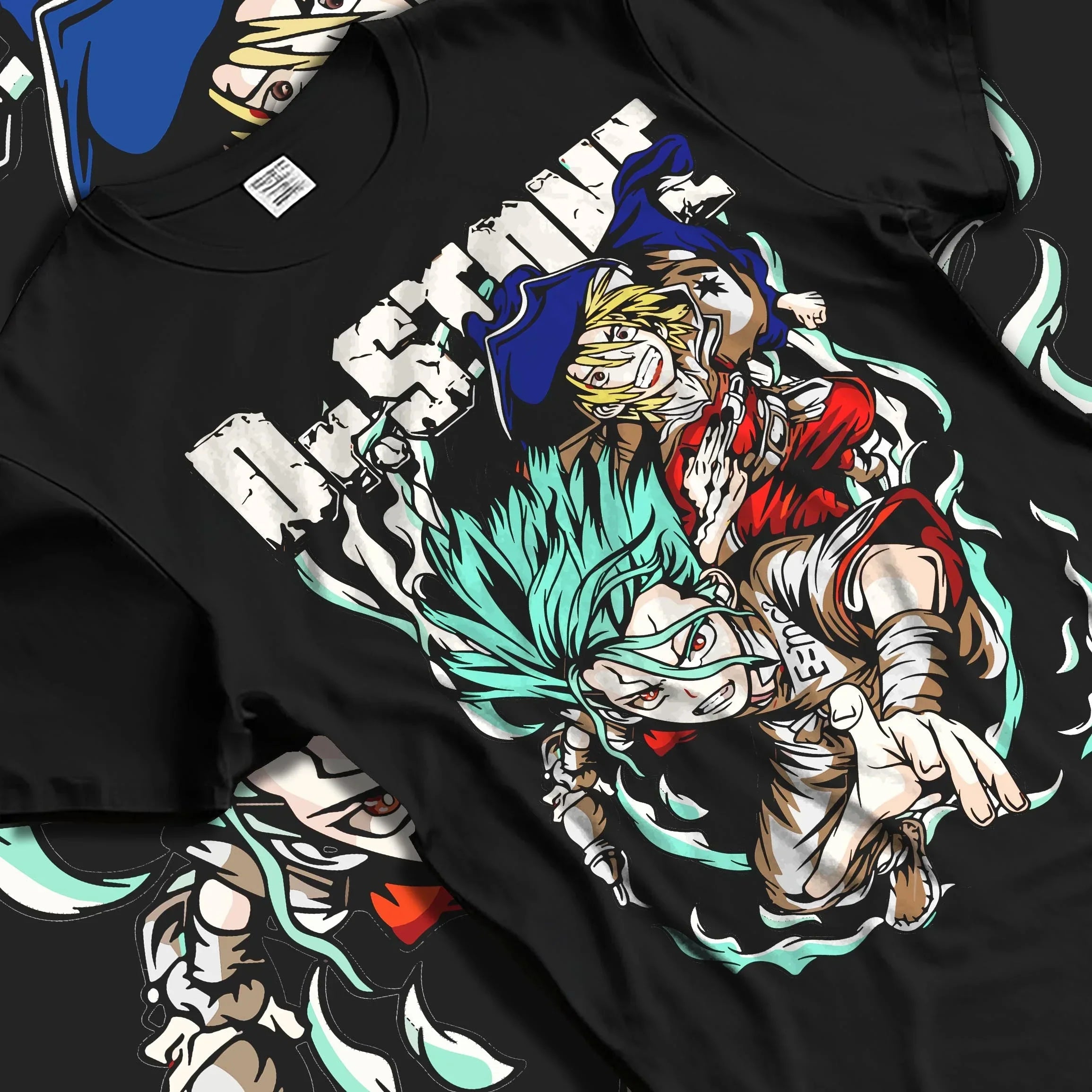 Black T-shirt laid flat featuring Senku from Dr. Stone in vibrant manga artwork with glowing scientific energy and bold Japanese animation streetwear design.