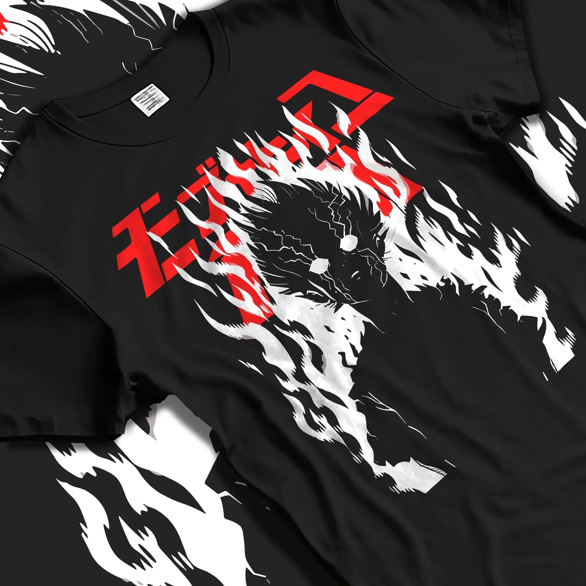Black T-shirt laid flat featuring Mob Psycho 100 anime graphic of Shigeo Kageyama surrounded by white flames with bold red Japanese text.