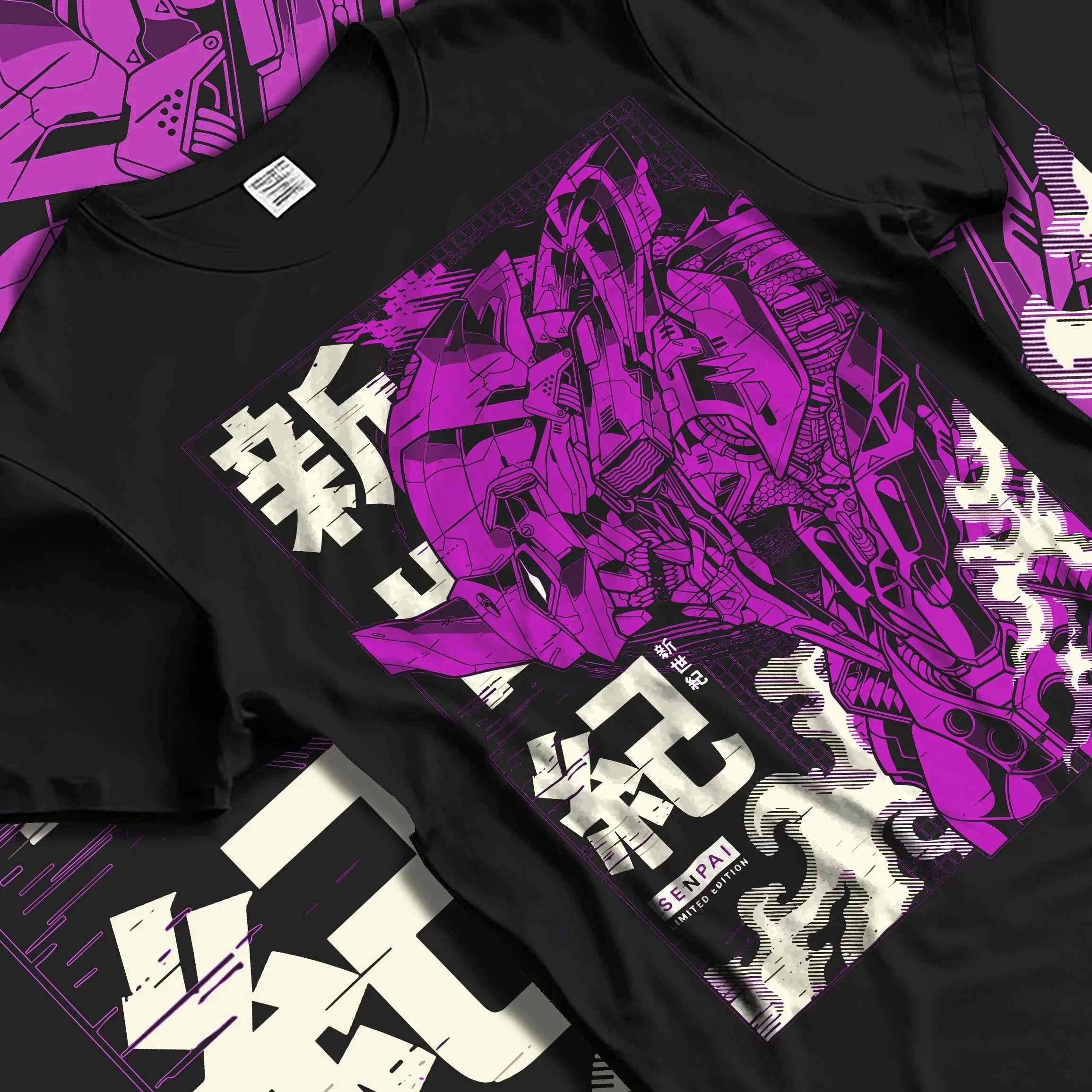 Black T-shirt laid flat featuring bold Neon Genesis Evangelion Unit-01 mecha design in purple with Japanese text accents.
