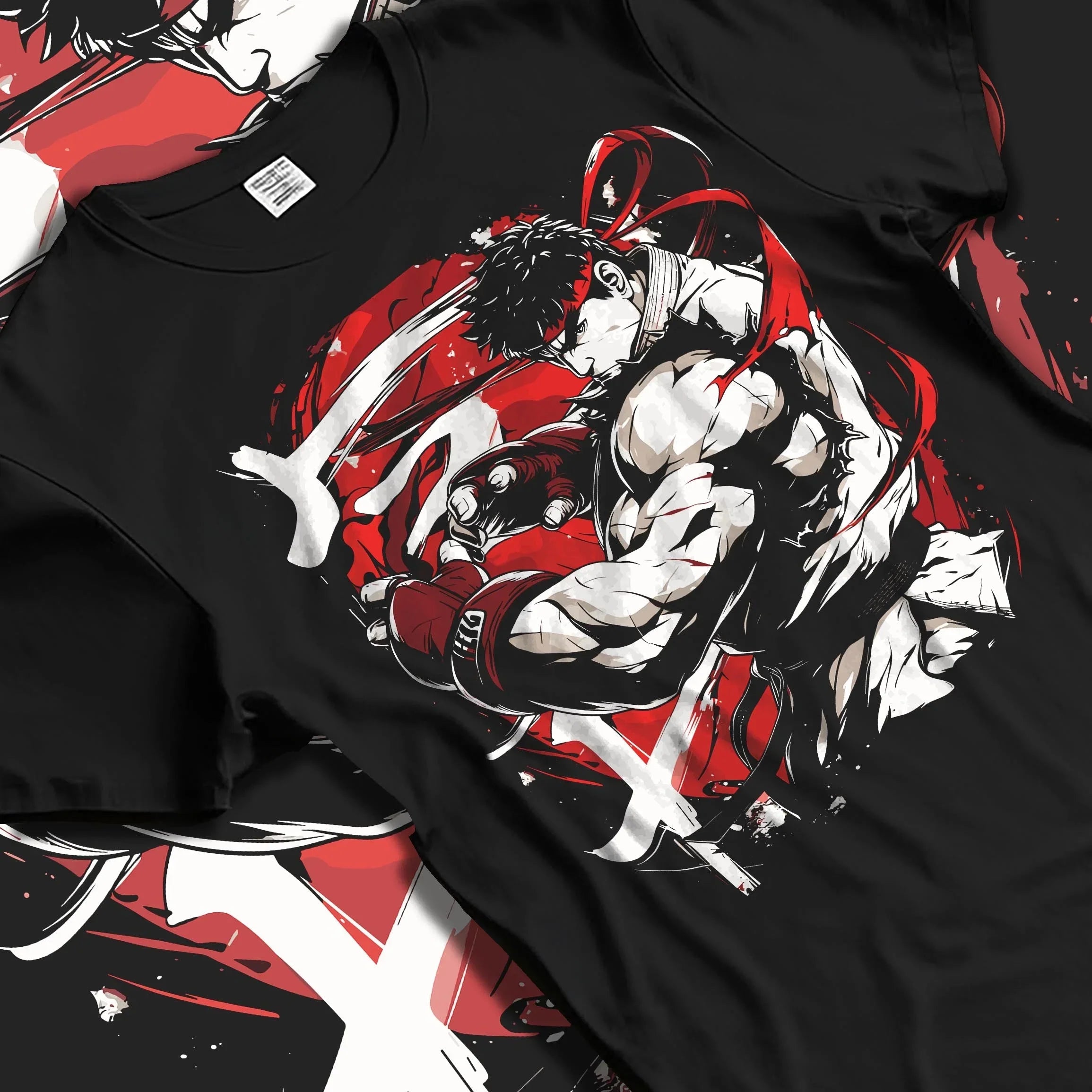 Black T-shirt with detailed Street Fighter Ryu illustration, orange and yellow flame artwork creating bold video game aesthetic