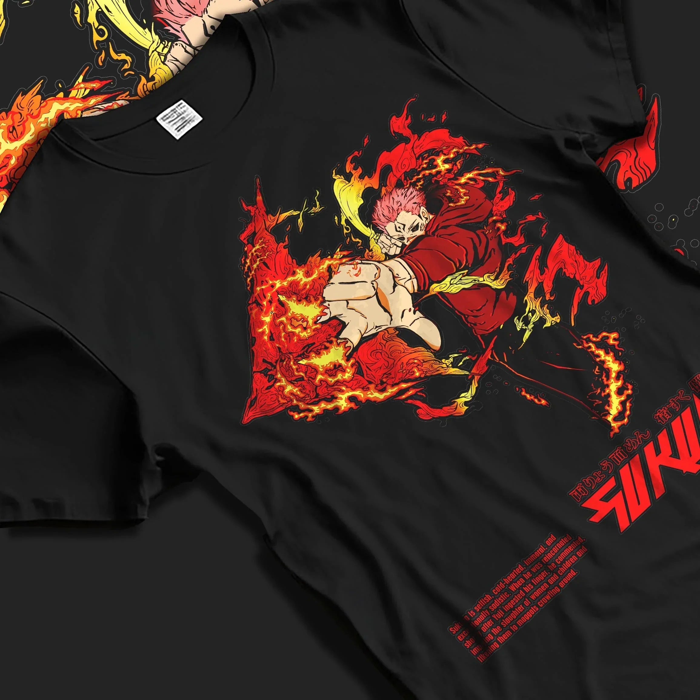 Black T-shirt laid flat with natural folds, featuring Yuji Itadori Jujutsu Kaisen fiery battle graphic in retro manga inspired streetwear design.