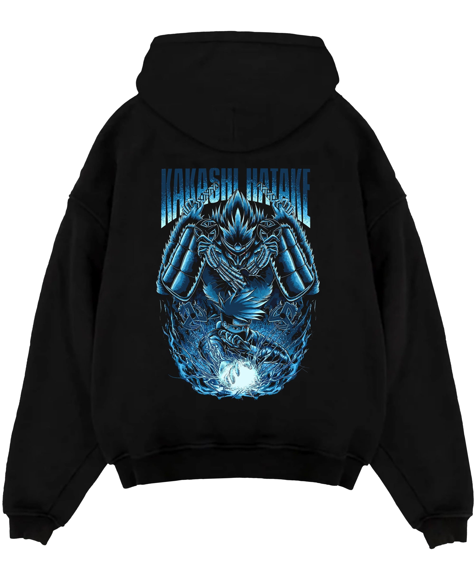 Black pullover hoodie laid flat on a white background, featuring Kakashi Hatake anime poster inspired design with glowing Susanoo and Chidori artwork.