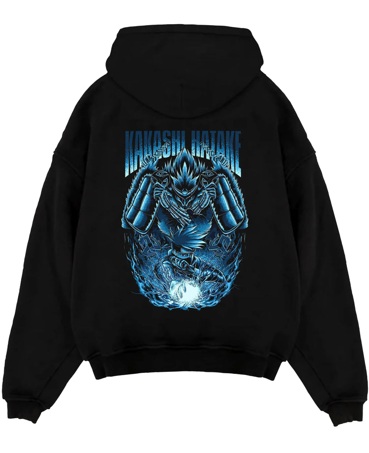 Black pullover hoodie laid flat on a white background, featuring Kakashi Hatake anime poster inspired design with glowing Susanoo and Chidori artwork.