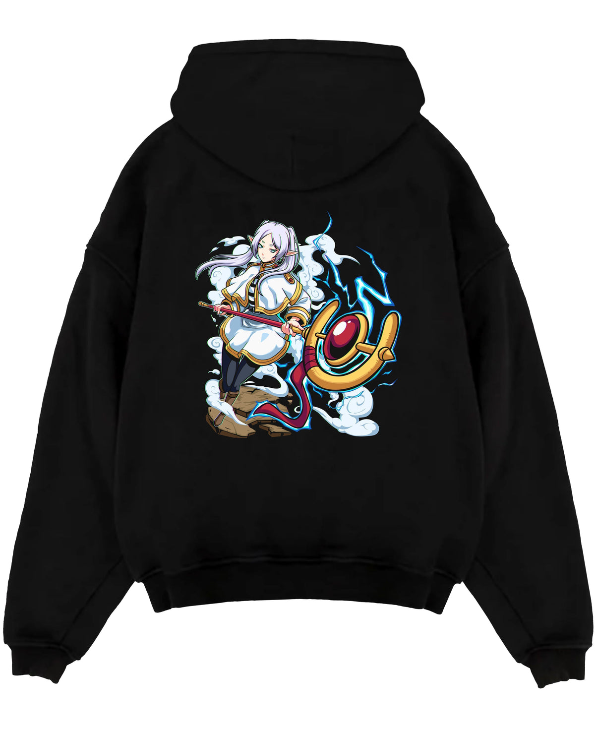 Black pullover hoodie laid flat on a white background, featuring Black Clover Mereoleona anime poster inspired artwork with glowing blue lightning and RPG fantasy detail.