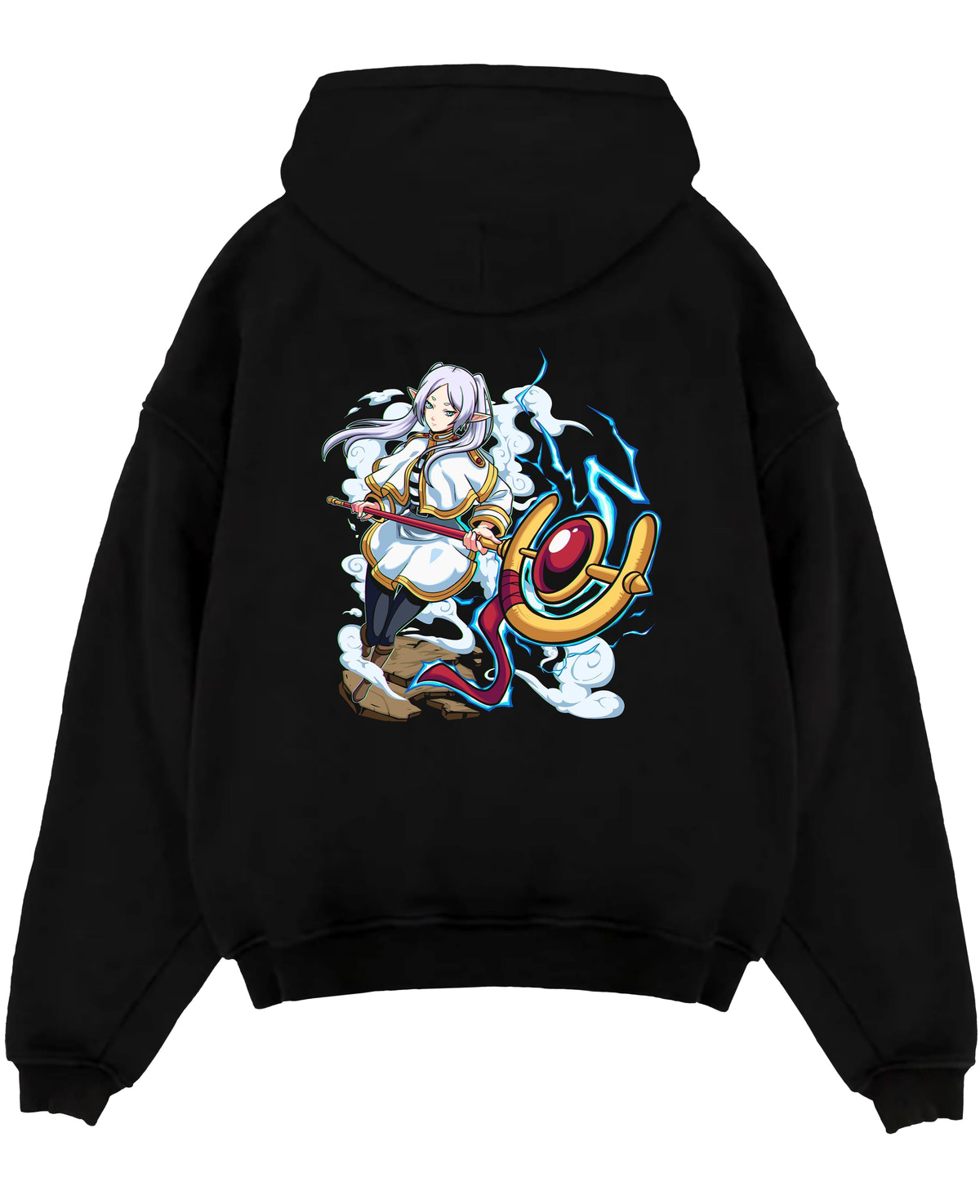 Black pullover hoodie laid flat on a white background, featuring Black Clover Mereoleona anime poster inspired artwork with glowing blue lightning and RPG fantasy detail.
