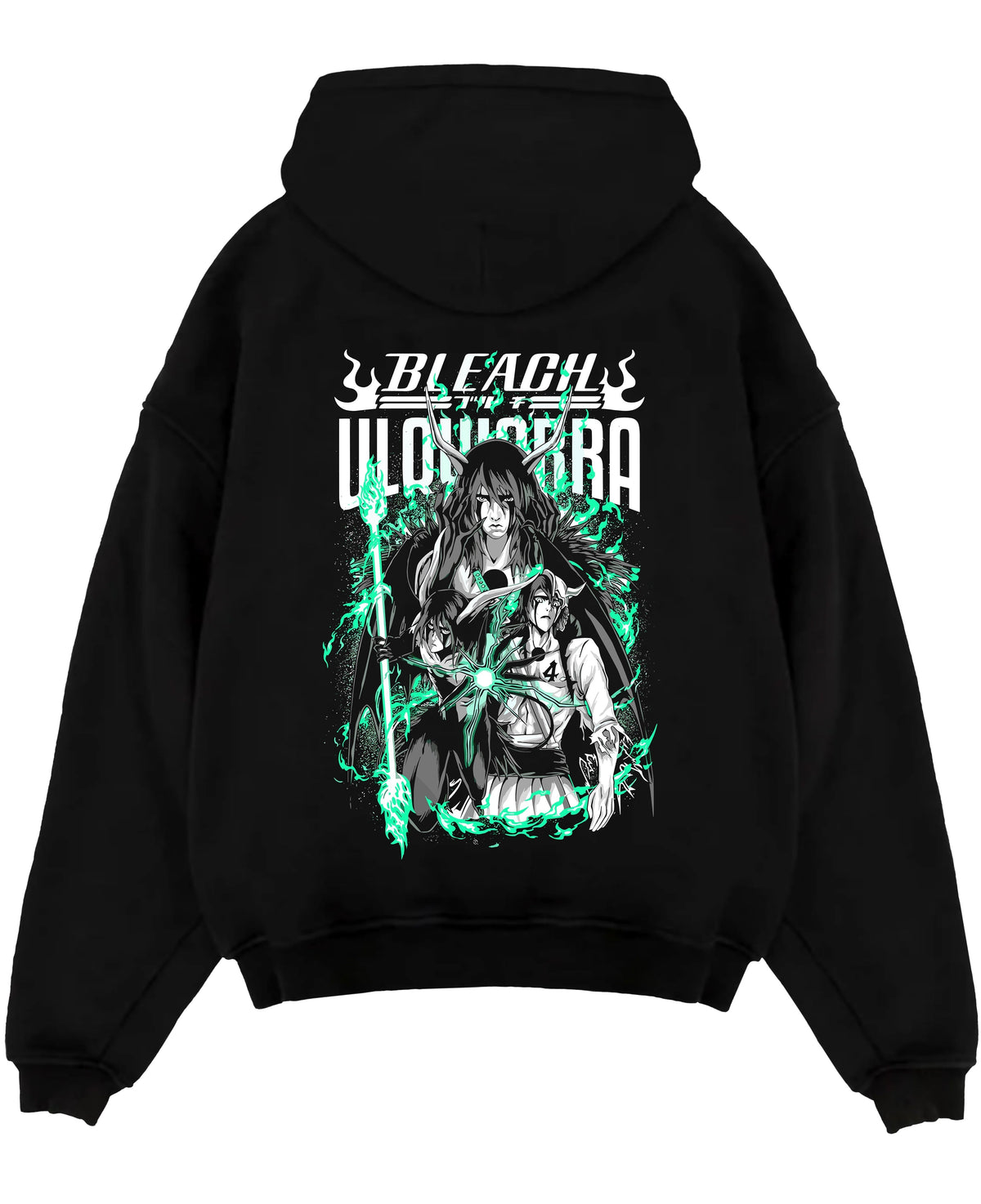 Black pullover hoodie laid flat on a white background, featuring Bleach Ulquiorra anime poster inspired design with glowing retro manga artwork in neon green tones.