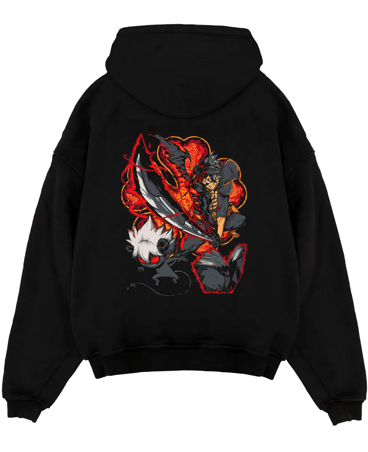 Black pullover hoodie laid flat on a white background, featuring Black Clover Asta anime poster inspired design with demon form aura and retro manga battle style.