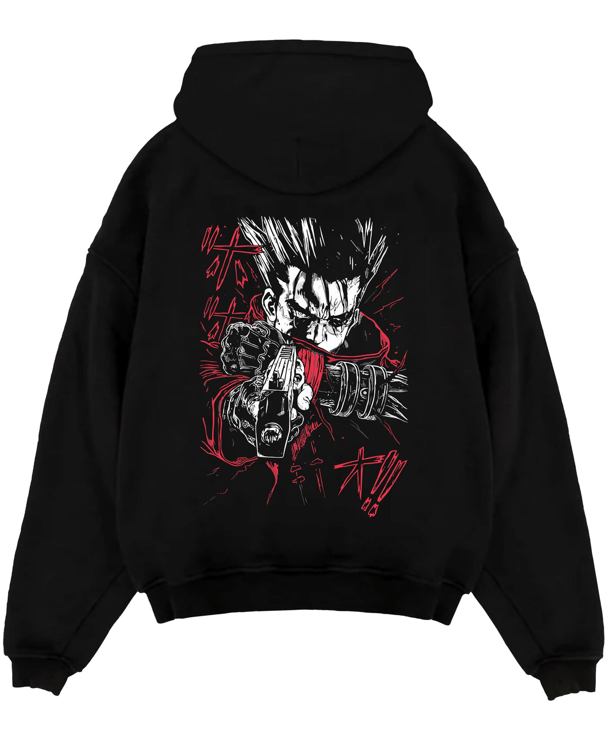 ChatGPT said:

Black pullover hoodie laid flat on a white background, featuring Trigun Vash the Stampede dark manga panel design with red coat and gun artwork.