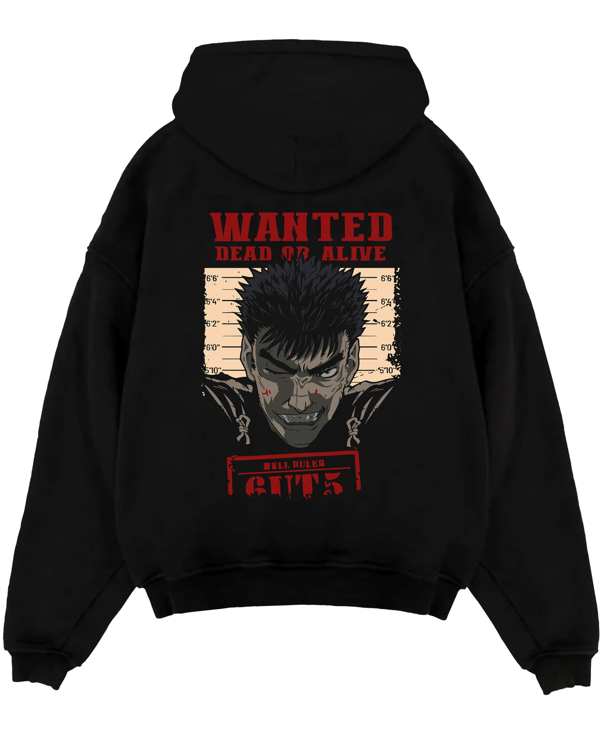 Black pullover hoodie laid flat on a white background, featuring Berserk anime poster inspired wanted design of Guts with bold red lettering and retro manga artwork.