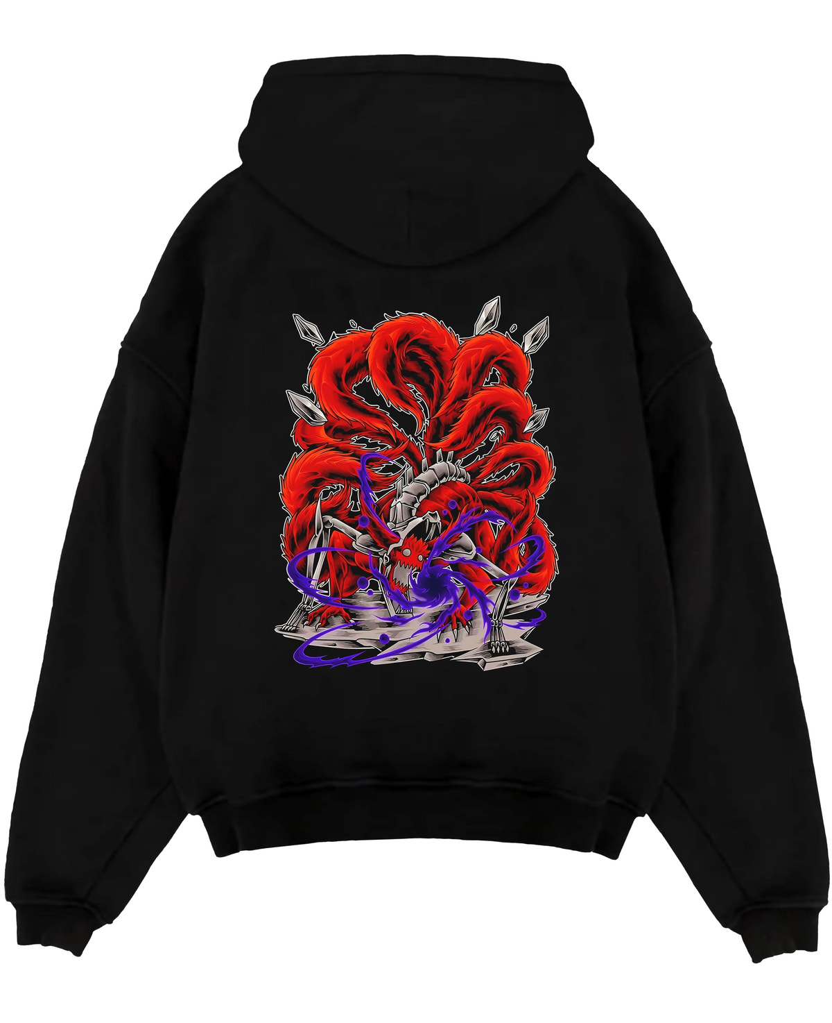 Black pullover hoodie laid flat on a white background, featuring Naruto Kurama Nine-Tails anime poster inspired design with red tails and purple chakra aura.