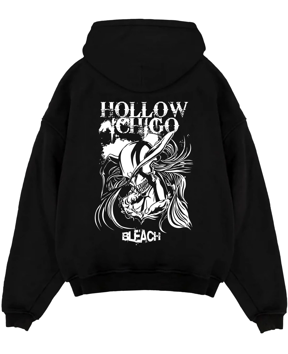 Black pullover hoodie laid flat on a white background, featuring Hollow Ichigo Bleach anime poster inspired design with bold dark manga panel style artwork.