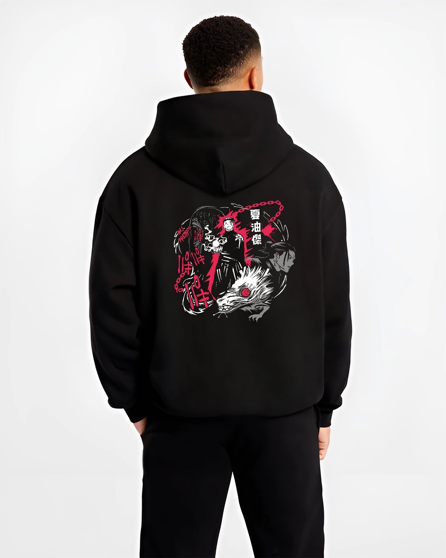 Black hoodie worn by a male model, back view, featuring Jujutsu Kaisen Suguru Geto dark manga panel inspired artwork with curse spirit in bold retro streetwear style.
