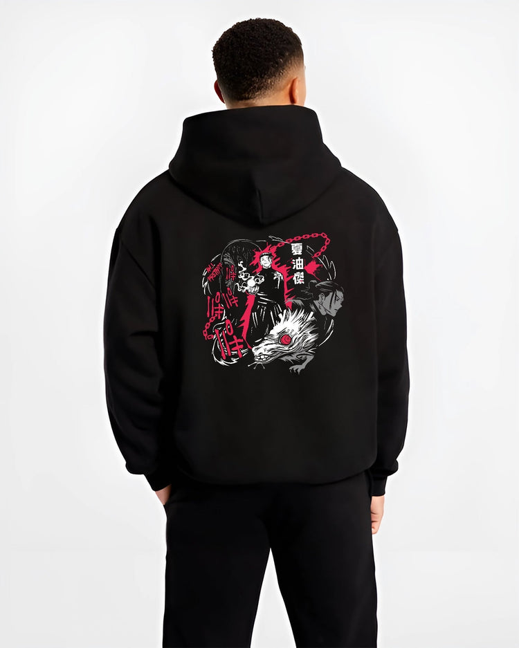 Black hoodie worn by a male model, back view, featuring Jujutsu Kaisen Suguru Geto dark manga panel inspired artwork with curse spirit in bold retro streetwear style.