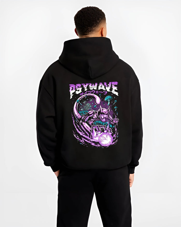 Black hoodie worn by a male model, back view, featuring Mewtwo retro manga graphic with swirling psychic orb and neon purple.