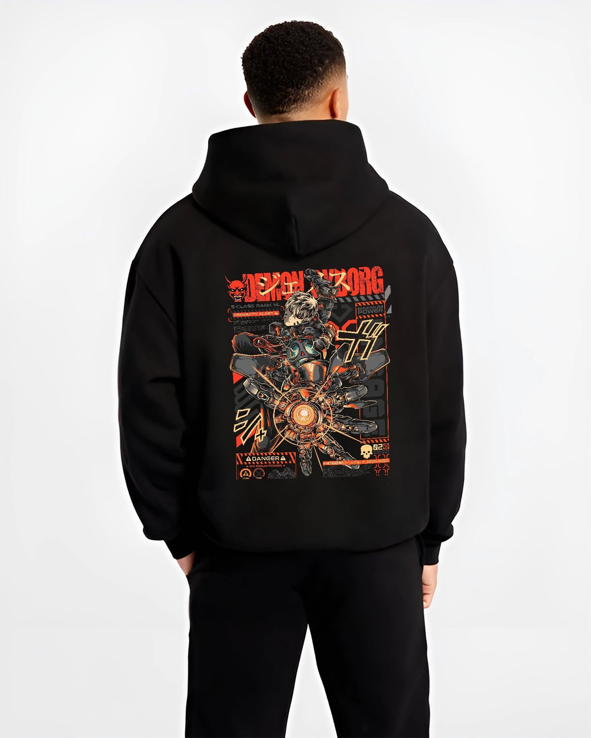 Black hoodie worn by a male model, back view, featuring One Punch Man Genos anime poster inspired cyberpunk artwork styled with futuristic retro mecha graphic design.
