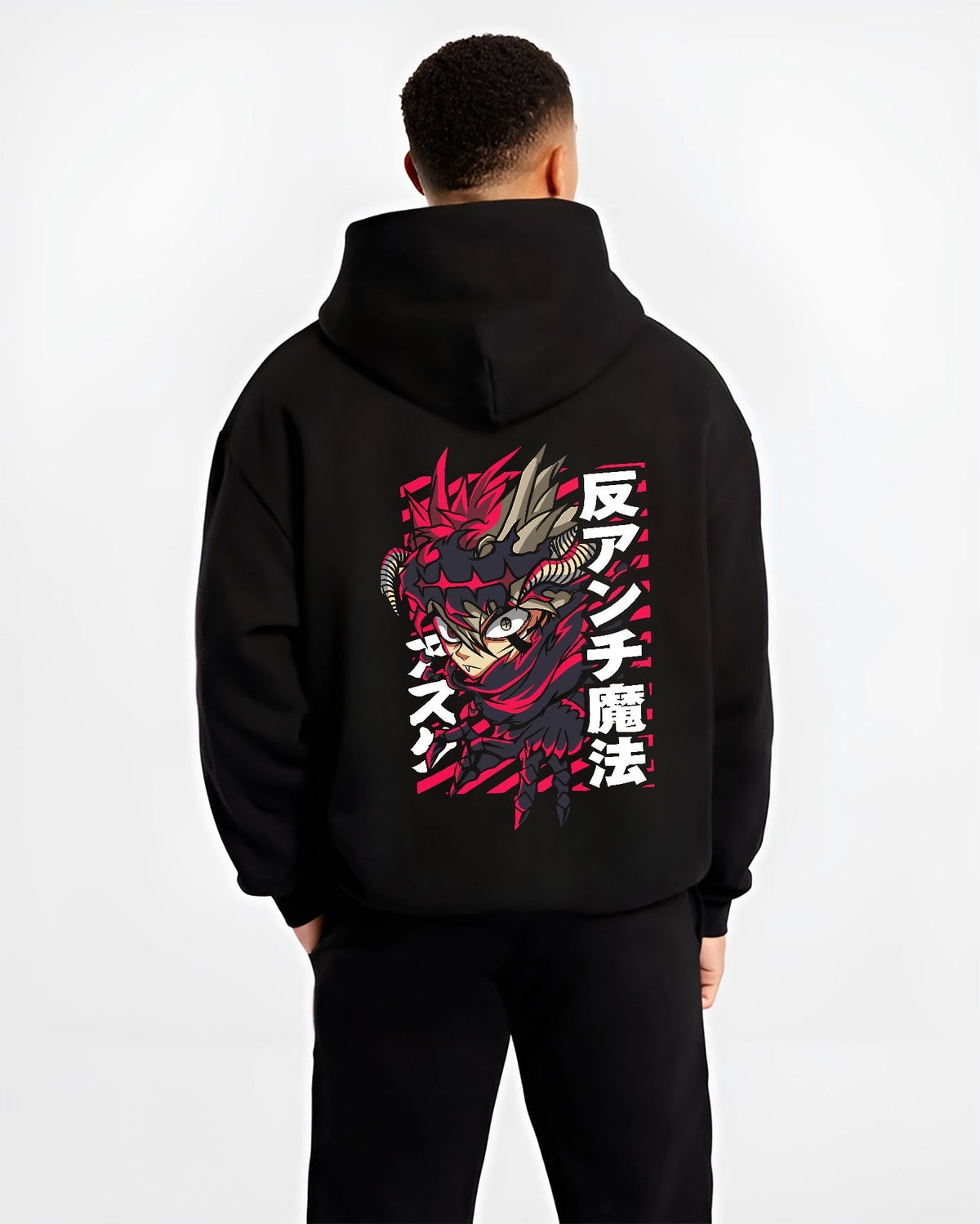 Black hoodie worn by a male model, back view, featuring Asta anti-magic shonen battle character with striking red retro manga panel style.