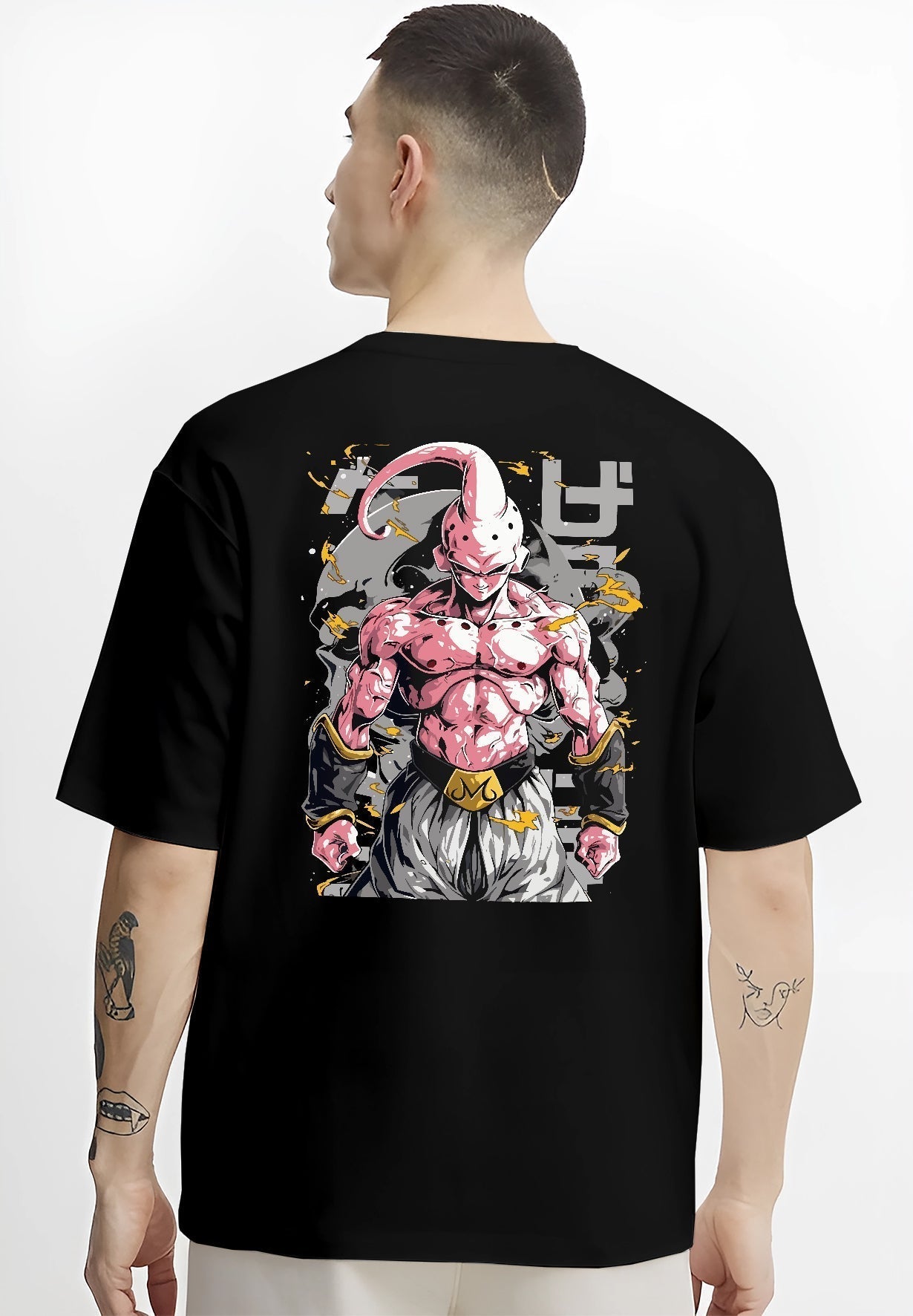Black T-shirt worn by a male model, back view, featuring Dragon Ball Majin Buu anime poster inspired design in shonen battle pose with retro manga graphic style.