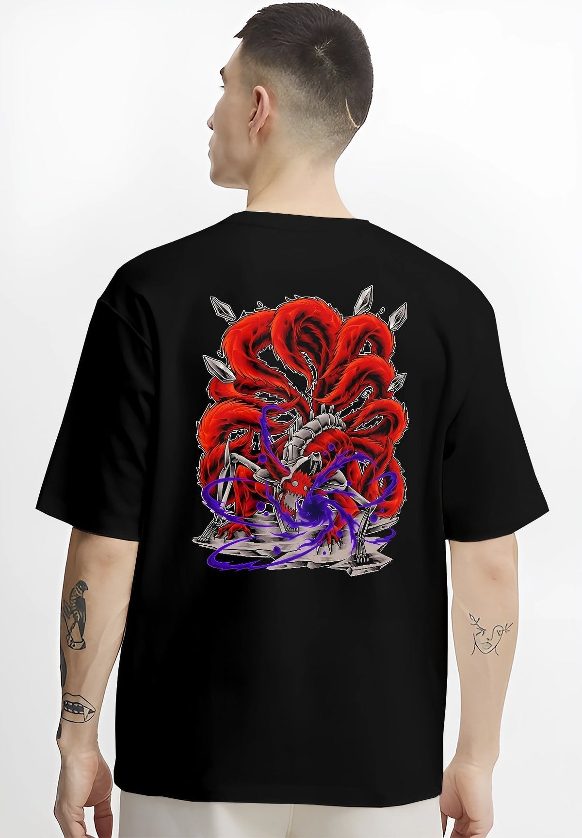 Black T-shirt worn by a male model, back view, featuring Naruto Kurama Nine-Tails anime poster inspired design with retro manga battle style and chakra aura.
