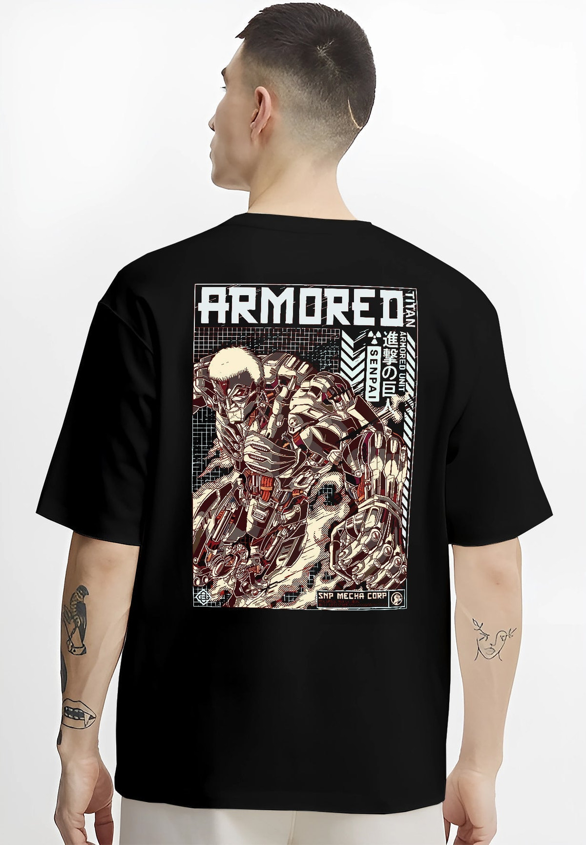 Black T-shirt worn by a male model, back view, featuring Attack on Titan Armored Titan anime poster inspired design in dark manga panel style with armored body details.