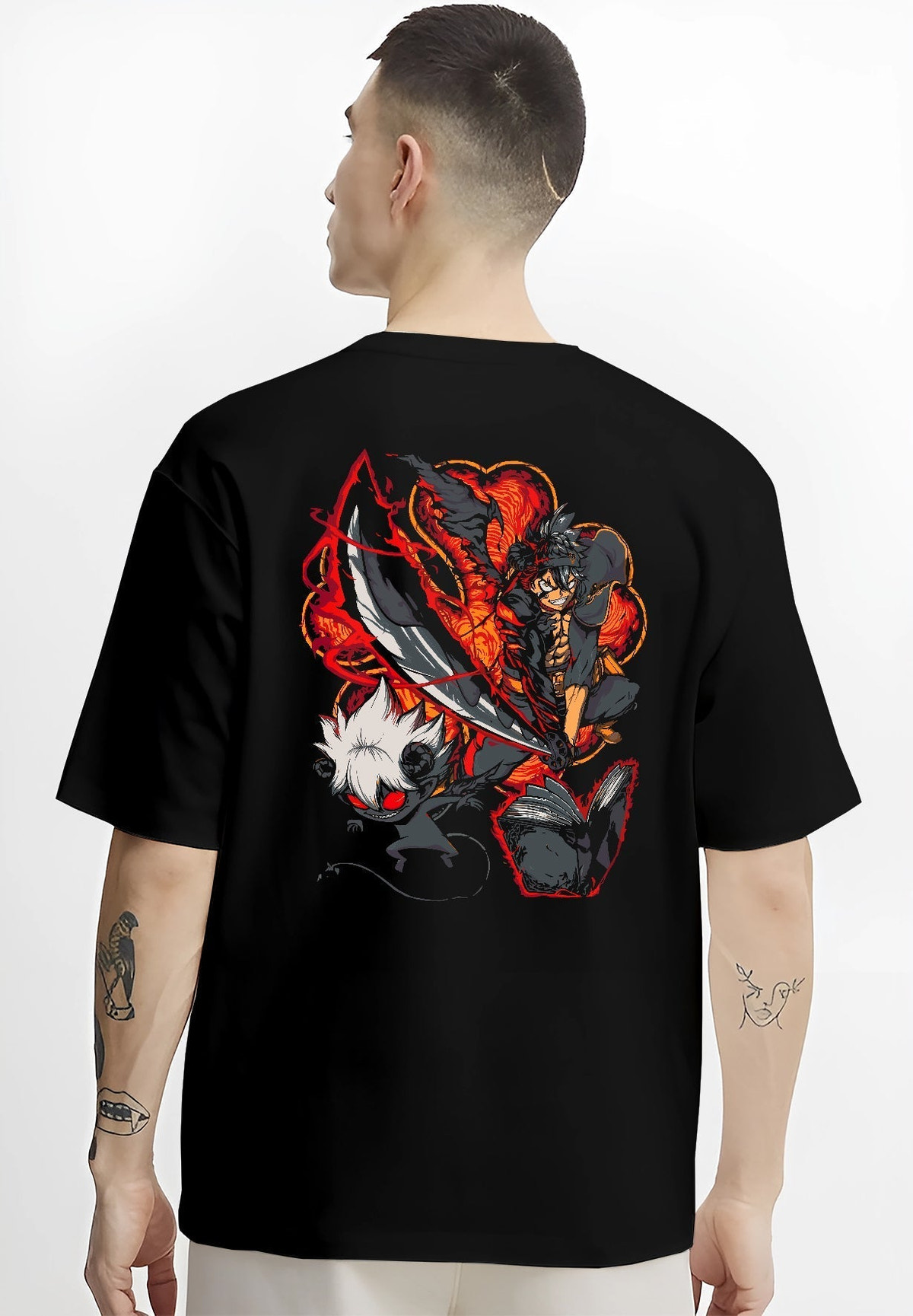 Black T-shirt worn by a male model, back view, featuring Black Clover Asta anime poster inspired design in shonen battle stance with glowing demon aura effect.