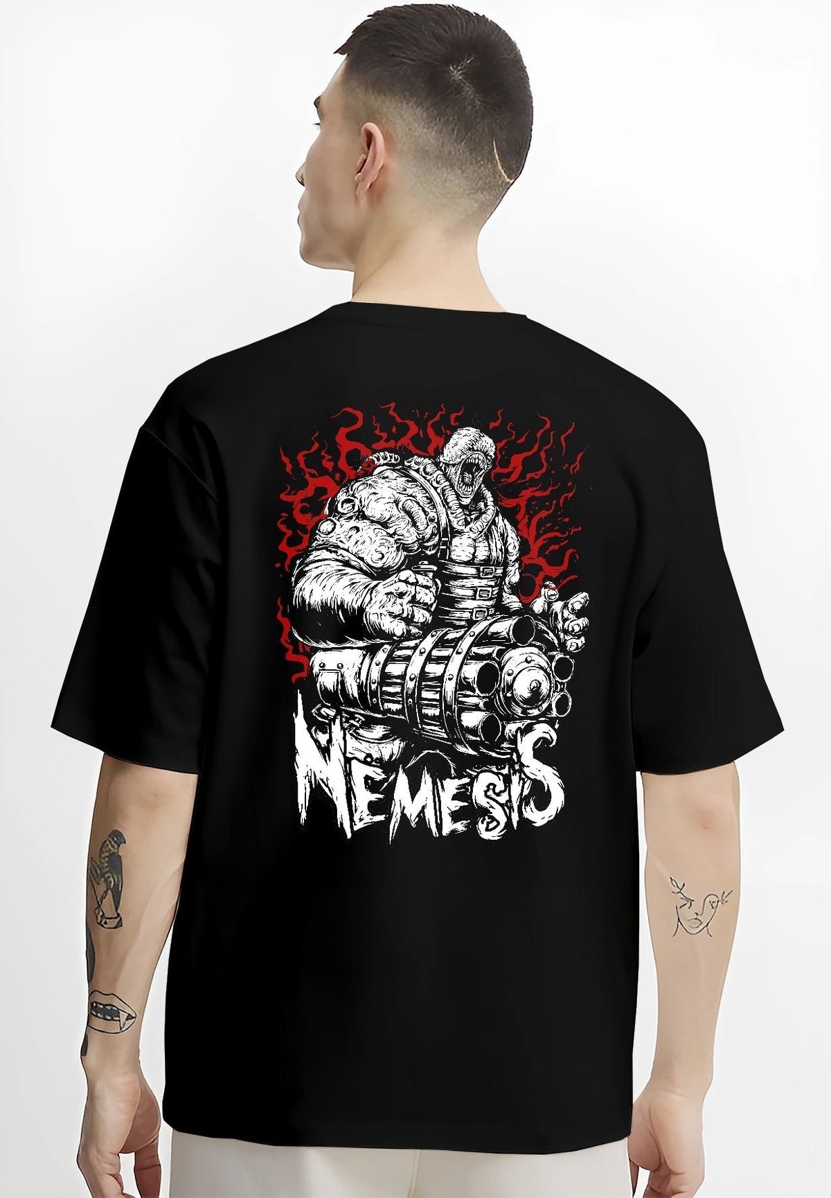 Black T-shirt worn by a male model, back view, featuring Nemesis Resident Evil horror poster inspired design with bold red fire and dystopian tones.