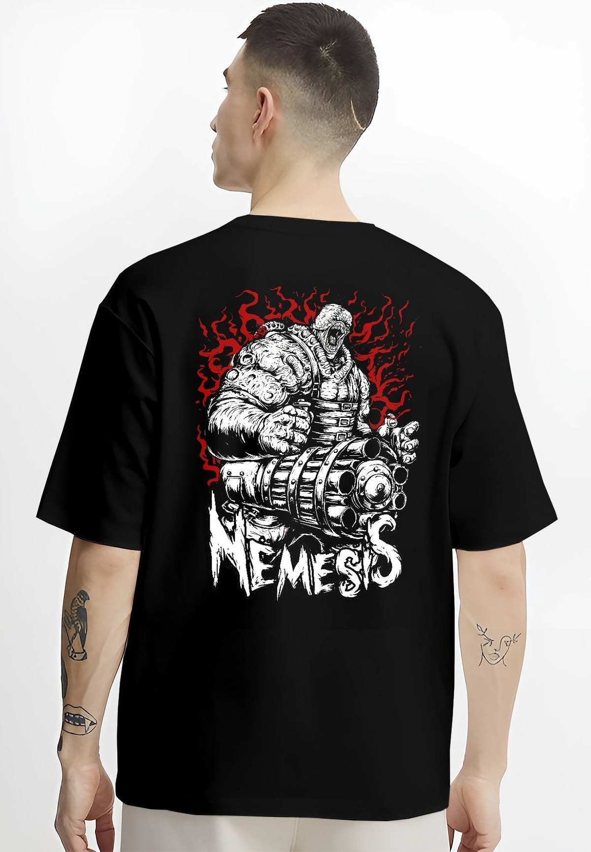Black T-shirt worn by a male model, back view, featuring Nemesis Resident Evil horror poster inspired design with bold red fire and dystopian tones.