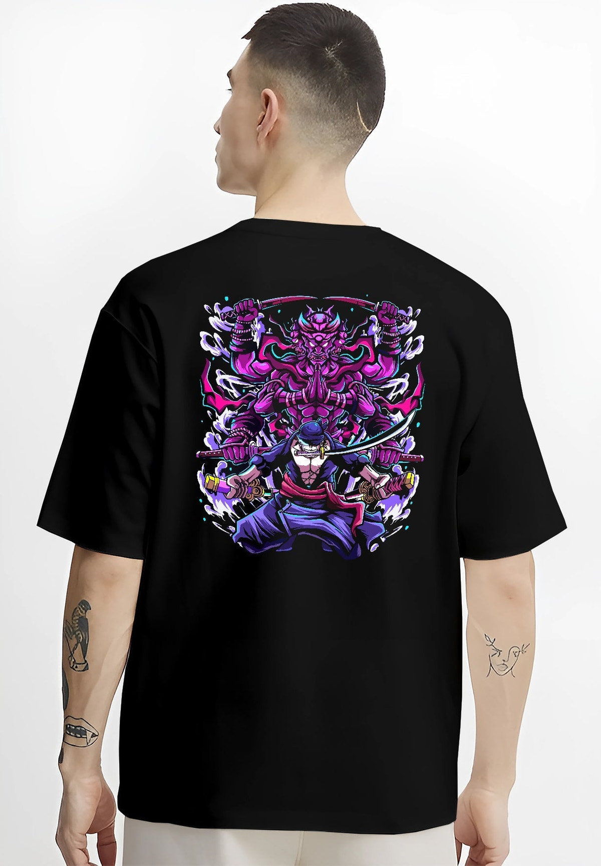 Black T-shirt worn by a male model, back view, featuring Zoro Susanoo anime poster inspired design with glowing purple shonen battle artwork.