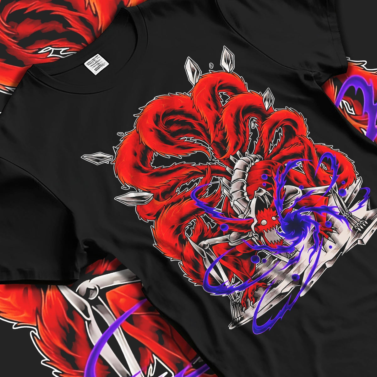 Black T-shirt laid flat with natural fabric folds, featuring Naruto Kurama Nine-Tails anime poster inspired artwork with glowing red tails and purple chakra manga detail.