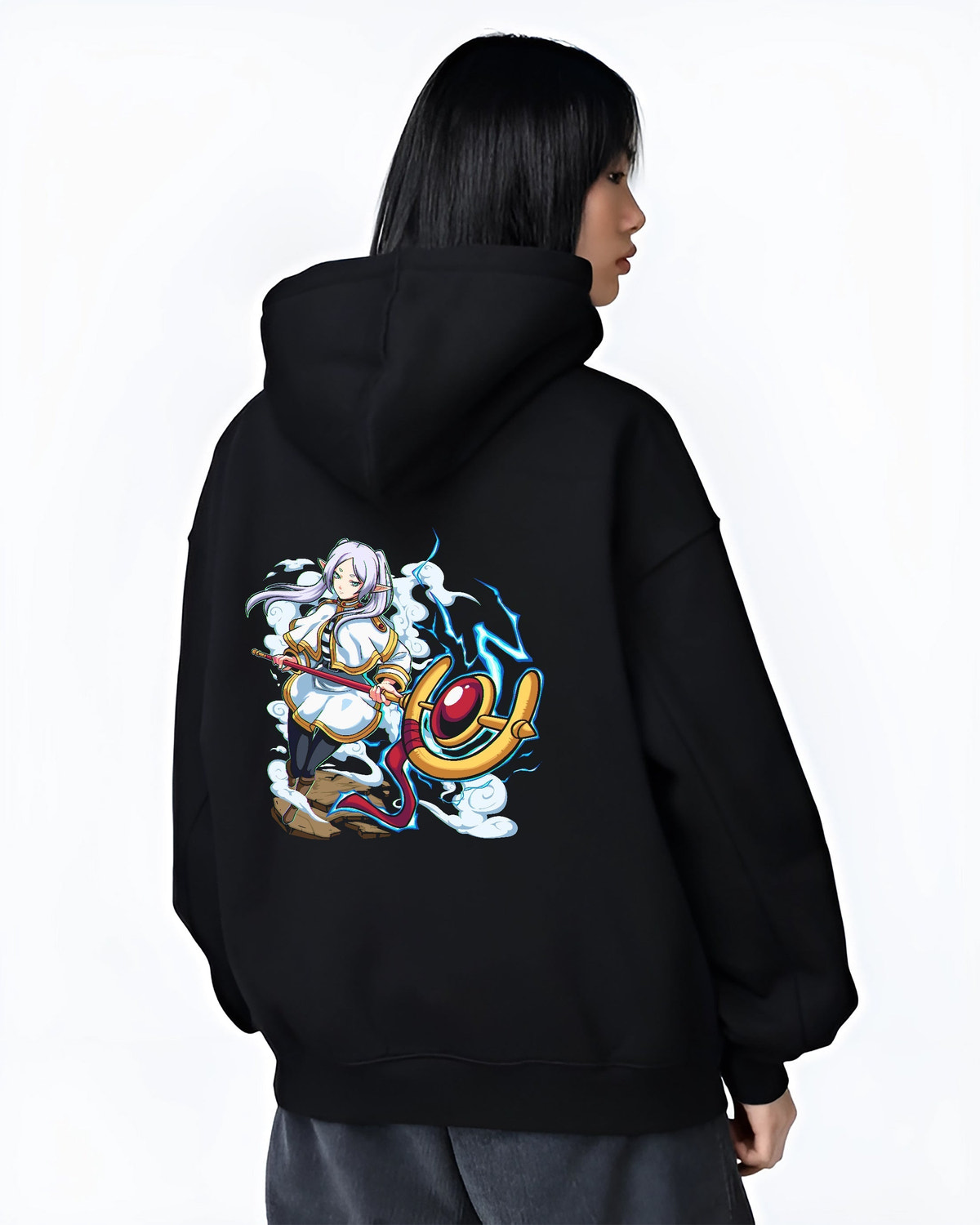 Black hoodie worn by a female model, back view, featuring Black Clover Mereoleona anime poster graphic with glowing lightning accents in fantasy RPG aesthetic.