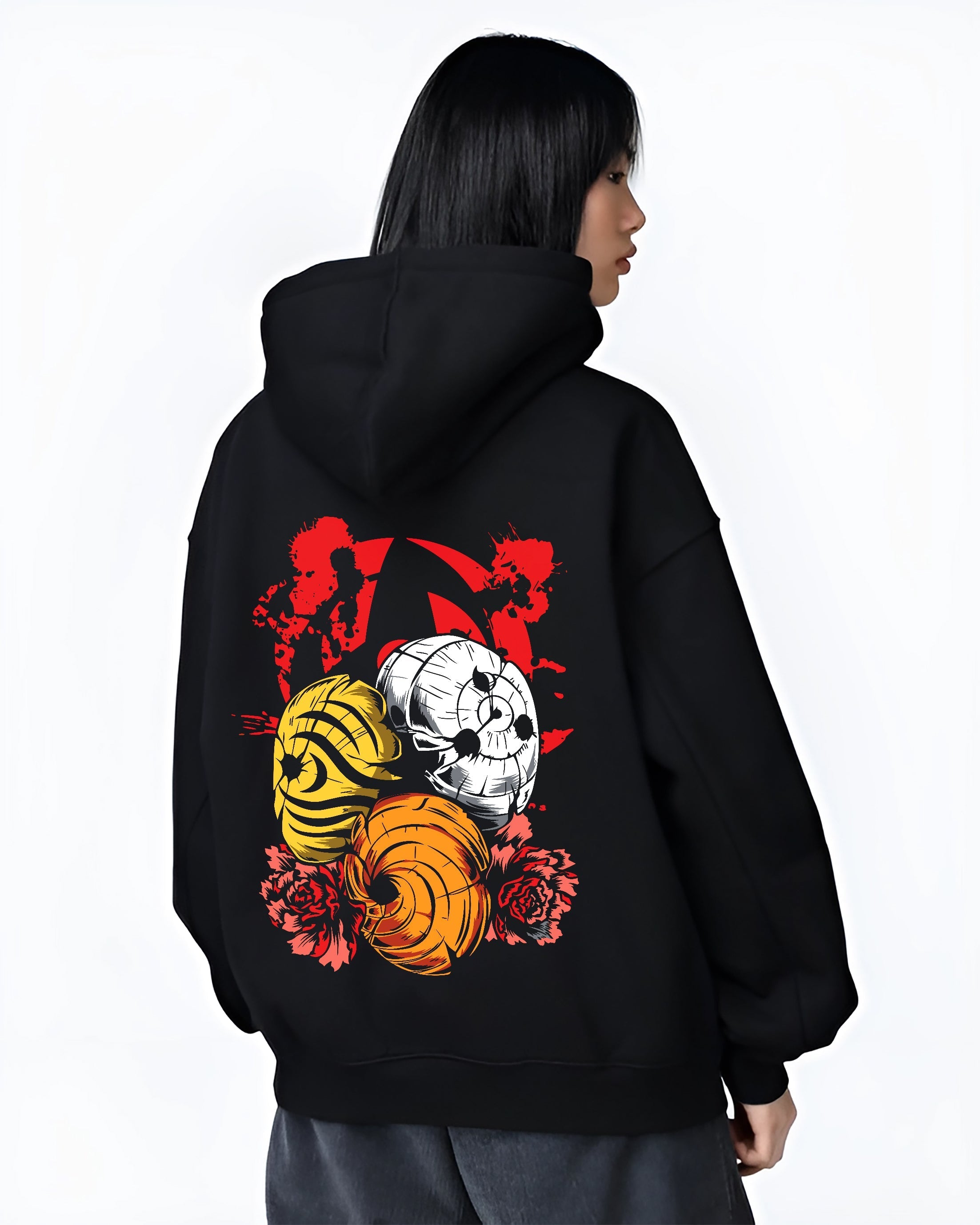 Black hoodie worn by a female model, back view, featuring Kakashi Hatake retro manga graphic design with Susanoo spirit and glowing Chidori aura artwork