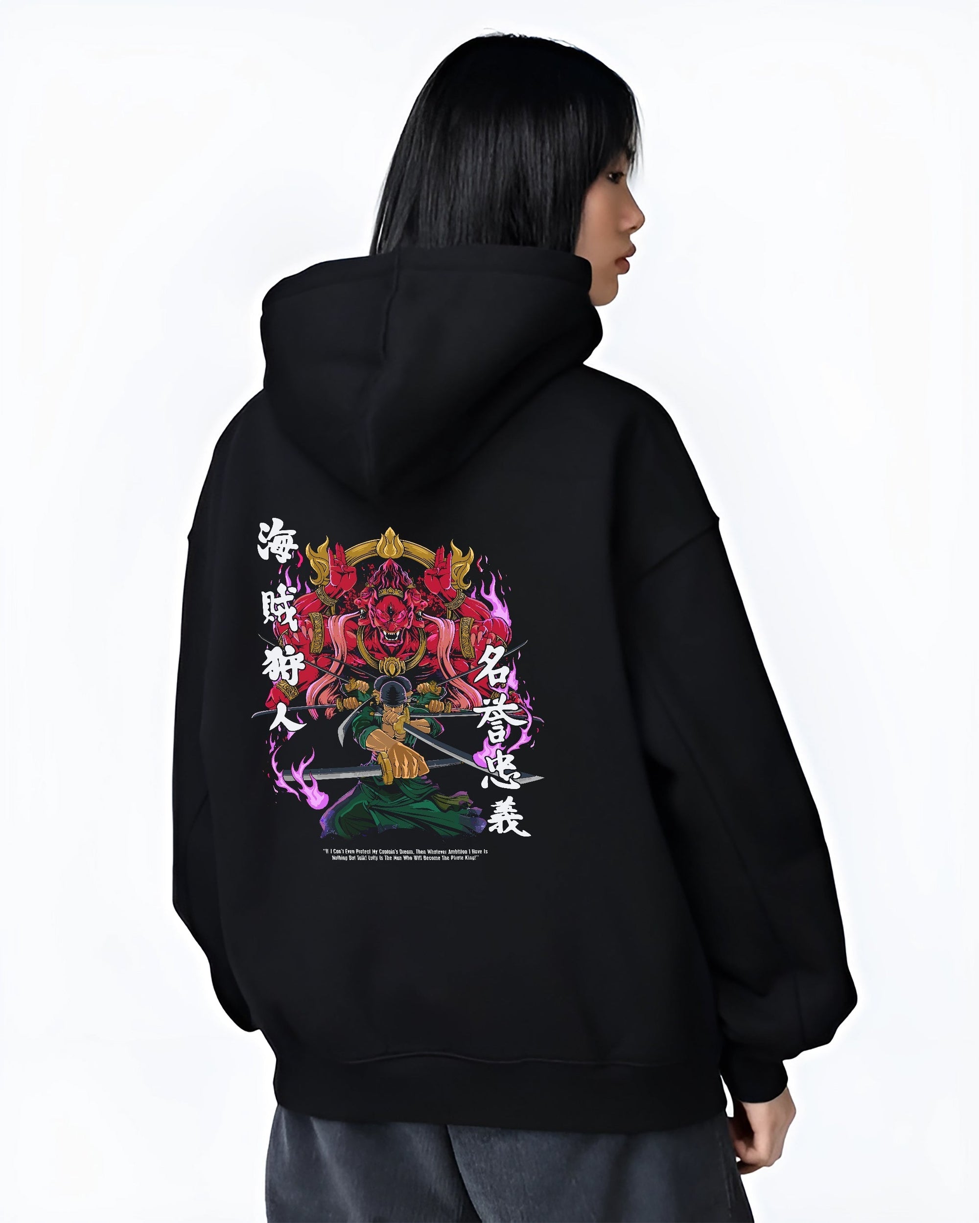 Black hoodie worn by a female model, back view, featuring Zoro One Piece retro manga panel design with swords and fiery Japanese animation streetwear style.