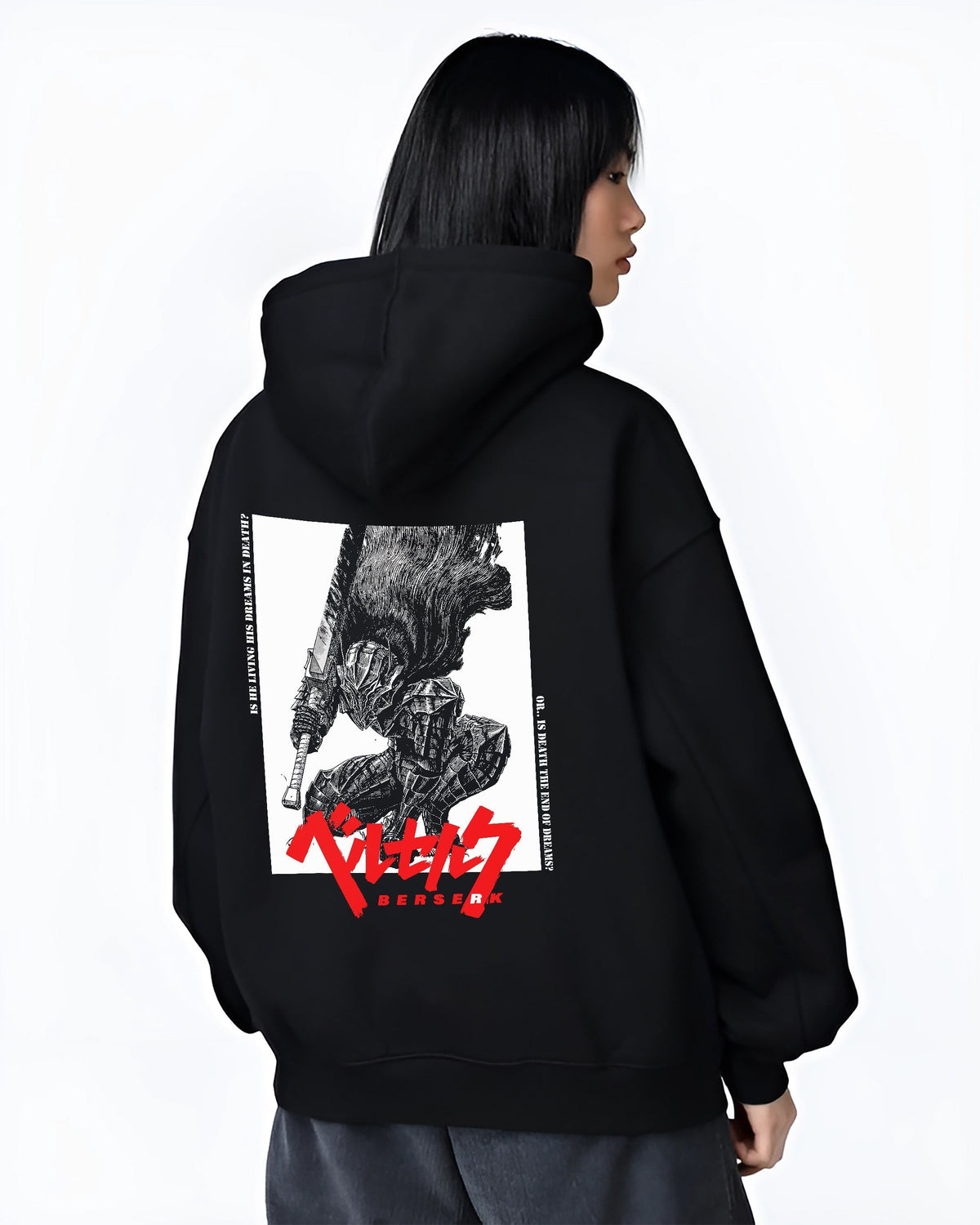 Black hoodie worn by a female model, back view, featuring Berserk Guts anime poster inspired artwork with sword stance in distressed retro manga panel design.