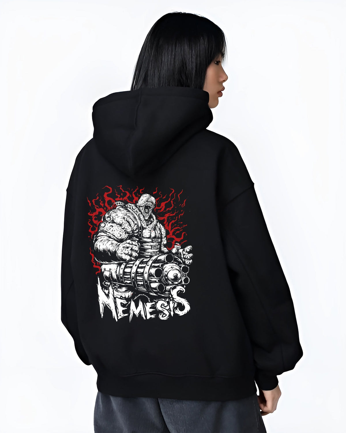 Black hoodie worn by a female model, back view, featuring Nemesis Resident Evil cult classic villain artwork with retro horror streetwear aesthetic.