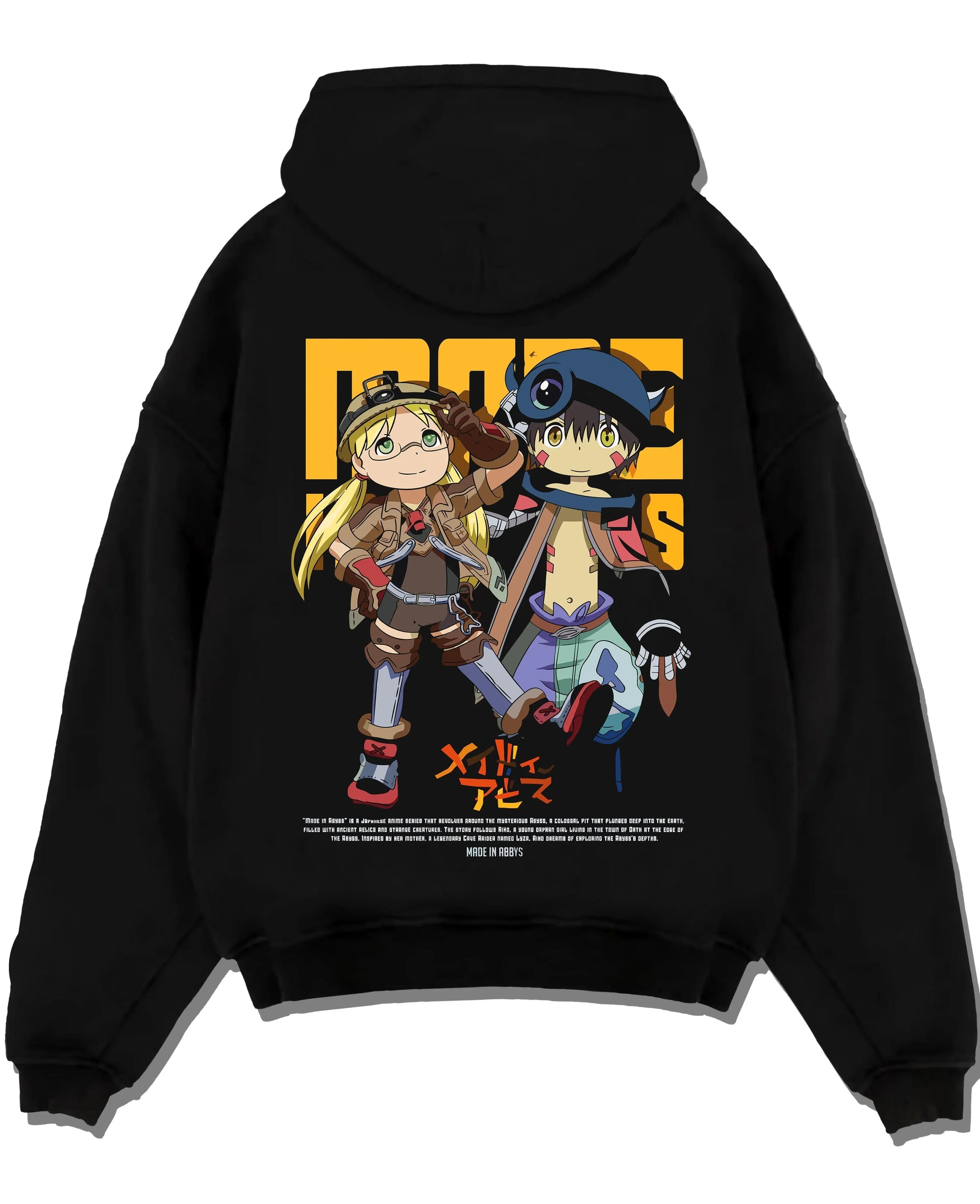 Black pullover hoodie laid flat with Made in Abyss Explorer Hoodie Cave Adventure Jumper graphic bold anime graphic.
