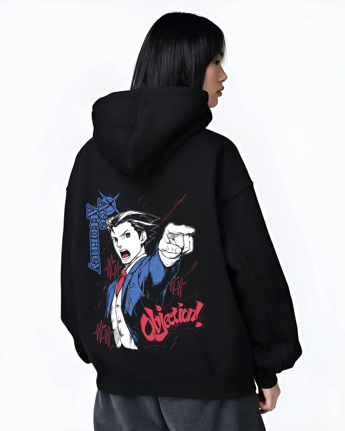 Black hoodie female model back view showing Phoenix Wright from Ace Attorney: Objection pose