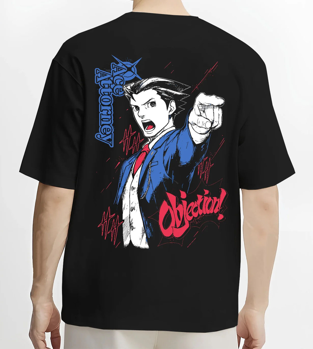 Black T-shirt model back view showing Phoenix Wright from Ace Attorney: Objection pose