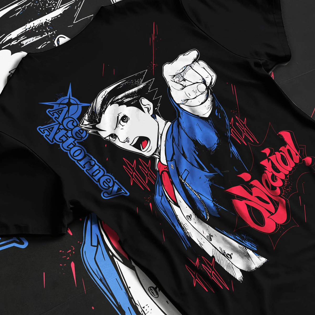 Black T-shirt flat back view showing Phoenix Wright from Ace Attorney: Objection pose