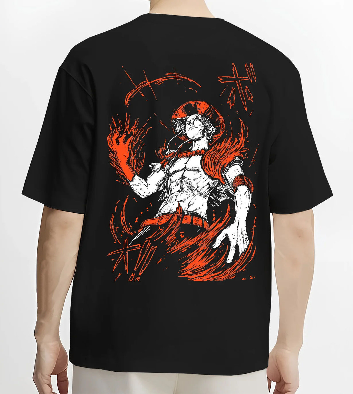 Black T-shirt model back view showing Portgas D. Ace from One Piece: fire powers