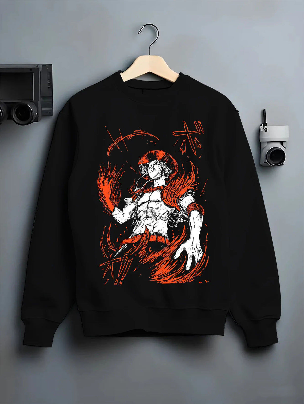 Black crewneck sweatshirt on hanger showing Portgas D. Ace from One Piece: fire powers