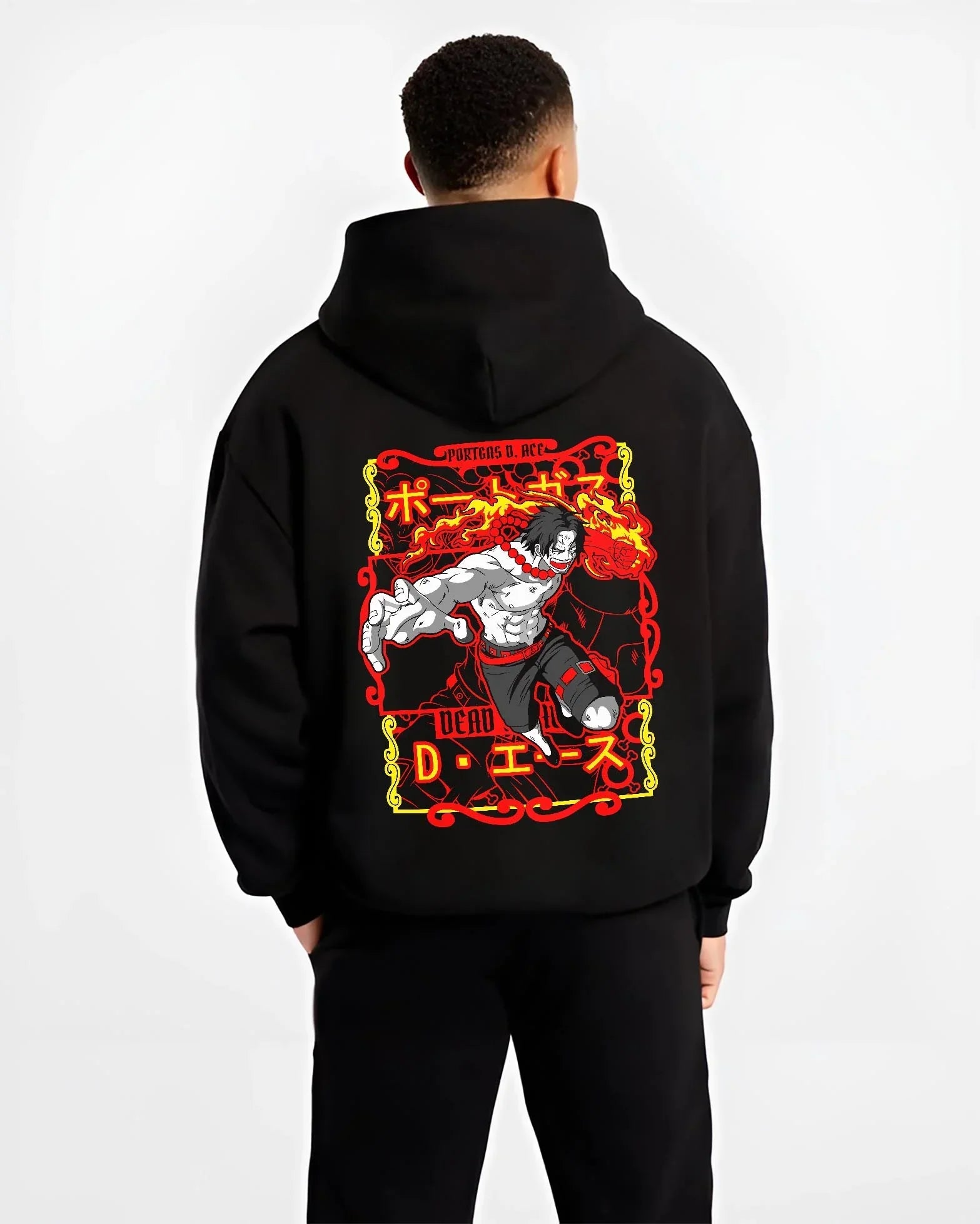 Black hoodie on male model, back view, featuring Portgas D. Ace anime streetwear flame motif with shonen battle stance