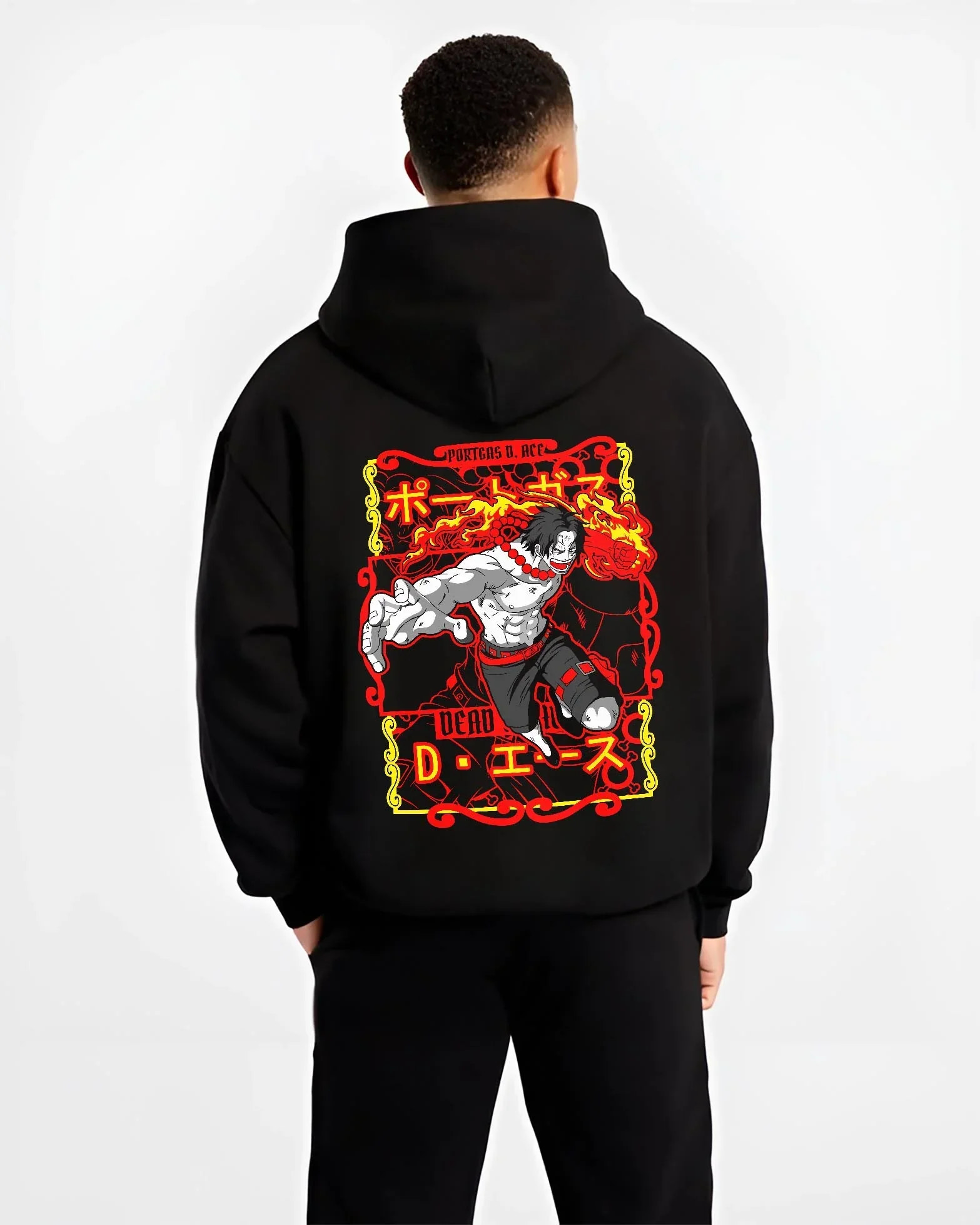 Black hoodie on male model, back view, featuring Portgas D. Ace anime streetwear flame motif with shonen battle stance