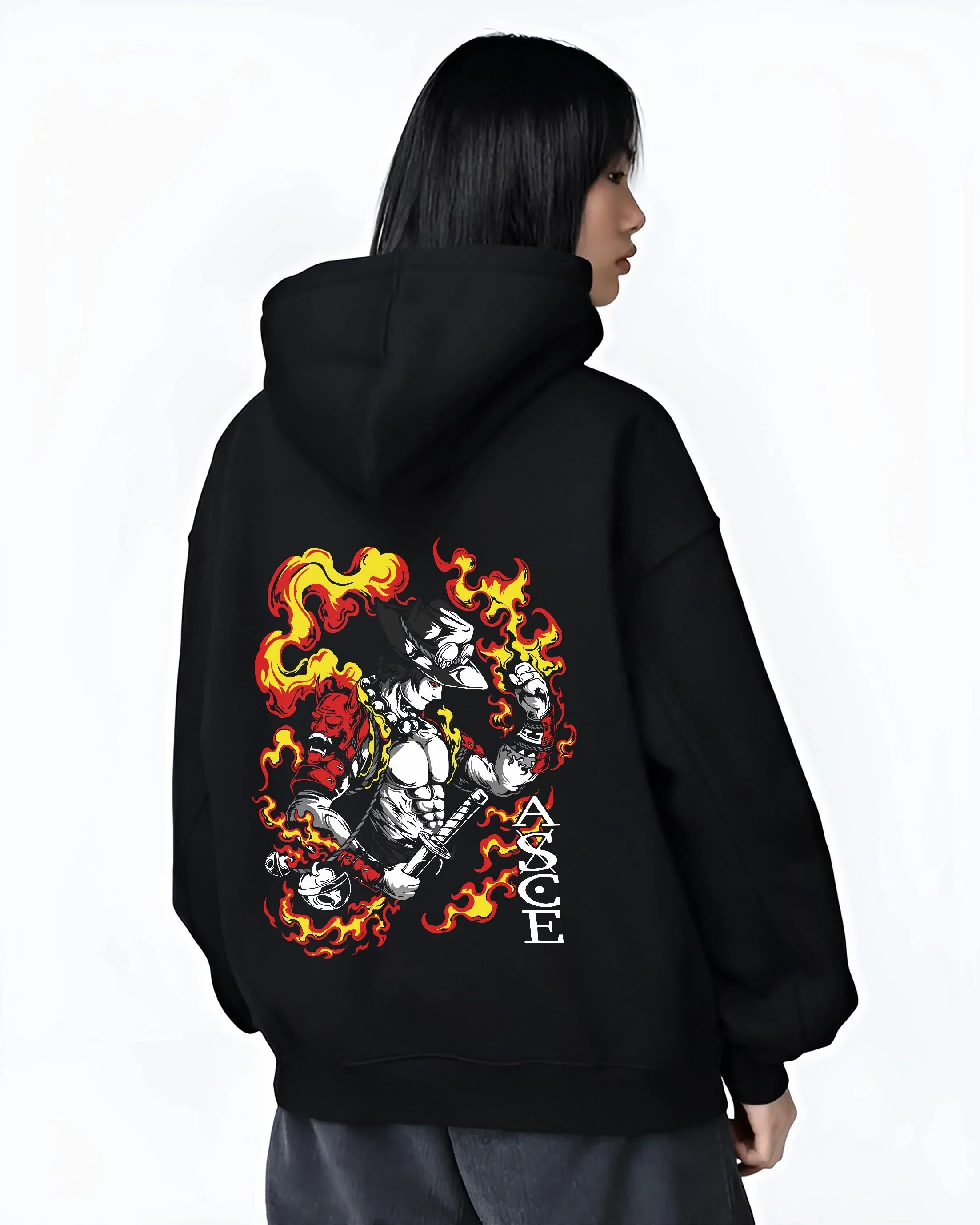 Black hoodie worn by female model, back view, featuring Portgas D. Ace Japanese animation streetwear graphic with flames and oni mask motif