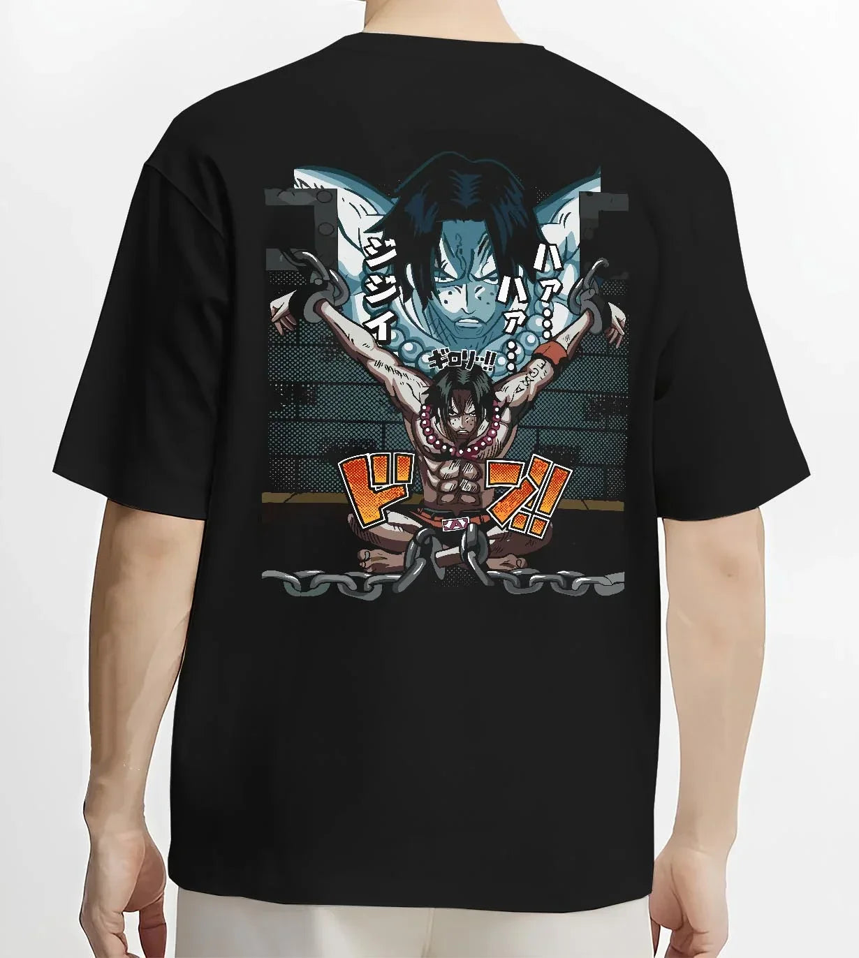 Black T-shirt worn by male model, back view with Portgas Ace Chains Hoodie One Piece Prison Cell Flames graphic premium wear.