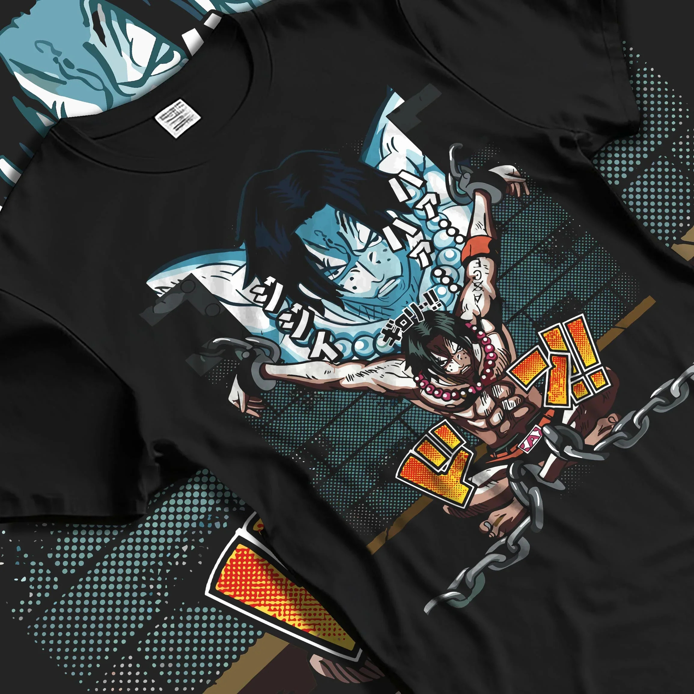 Black T-shirt laid flat with natural folds with Portgas Ace Chains Hoodie One Piece Prison Cell Flames graphic premium wear.