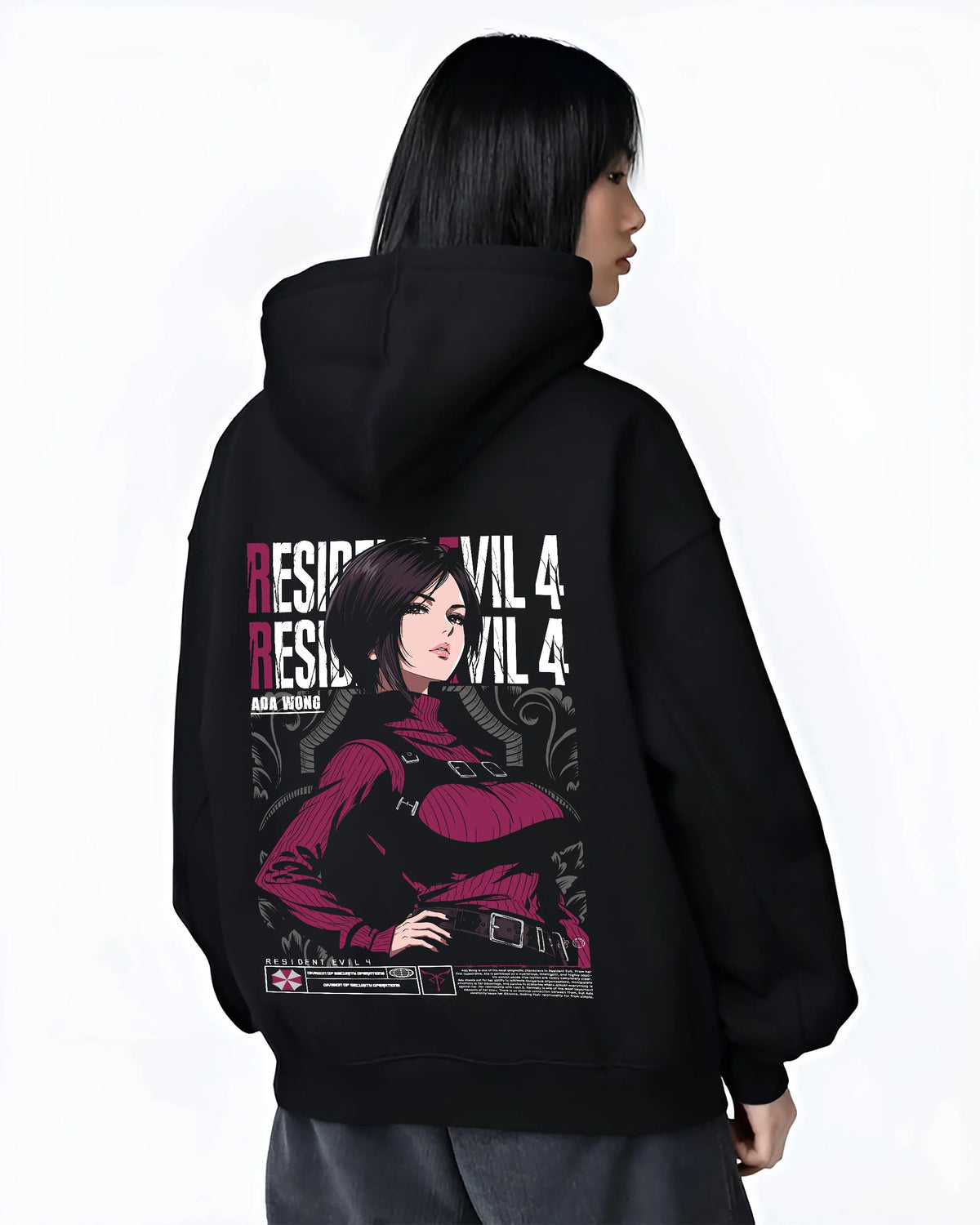 Black hoodie female model back view showing Ada Wong from Resident Evil: Resident Evil 4