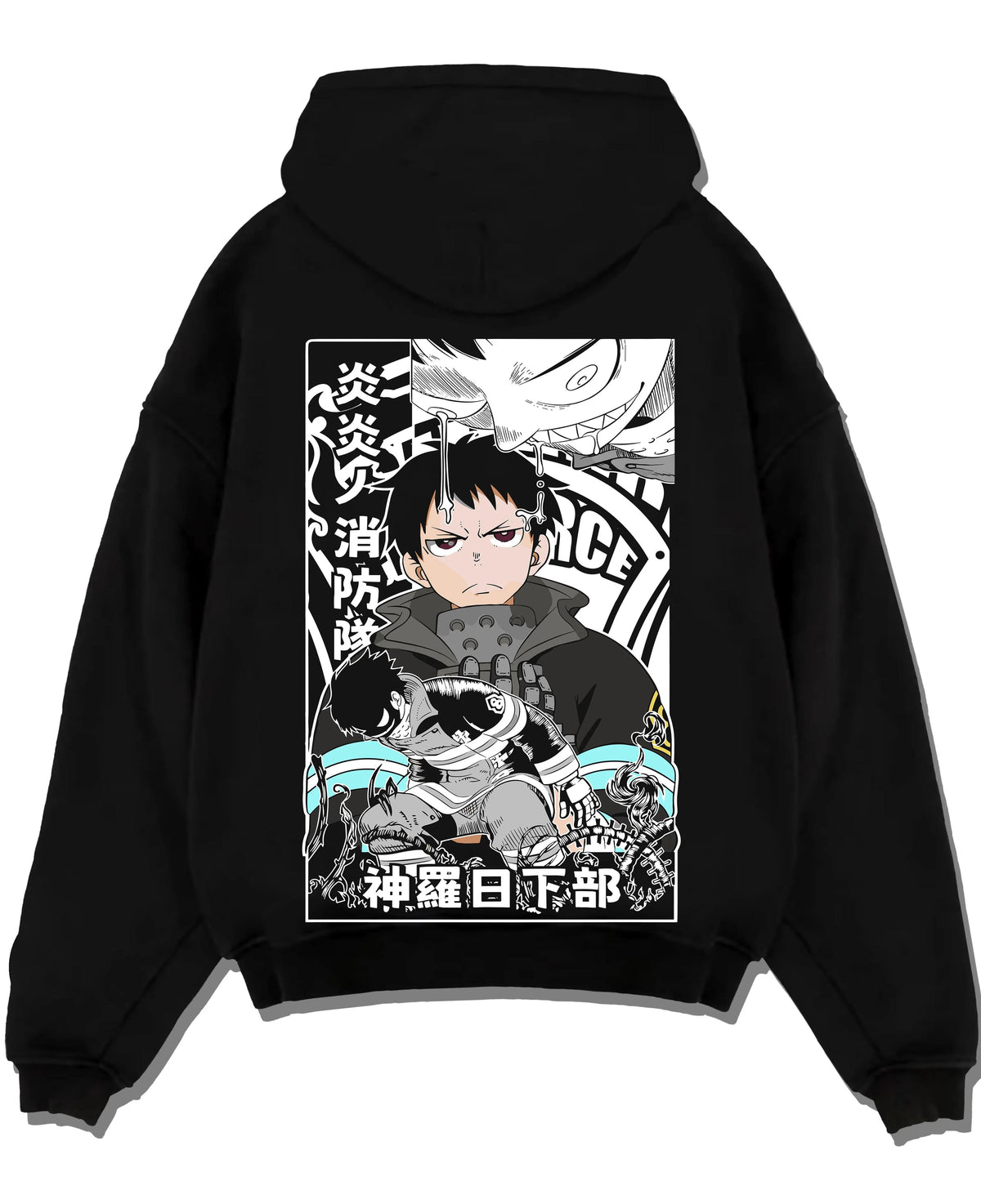 Black hoodie laid flat featuring Adolla Burst Shinra Fire Force monochrome artwork with bold anime graphic print.
