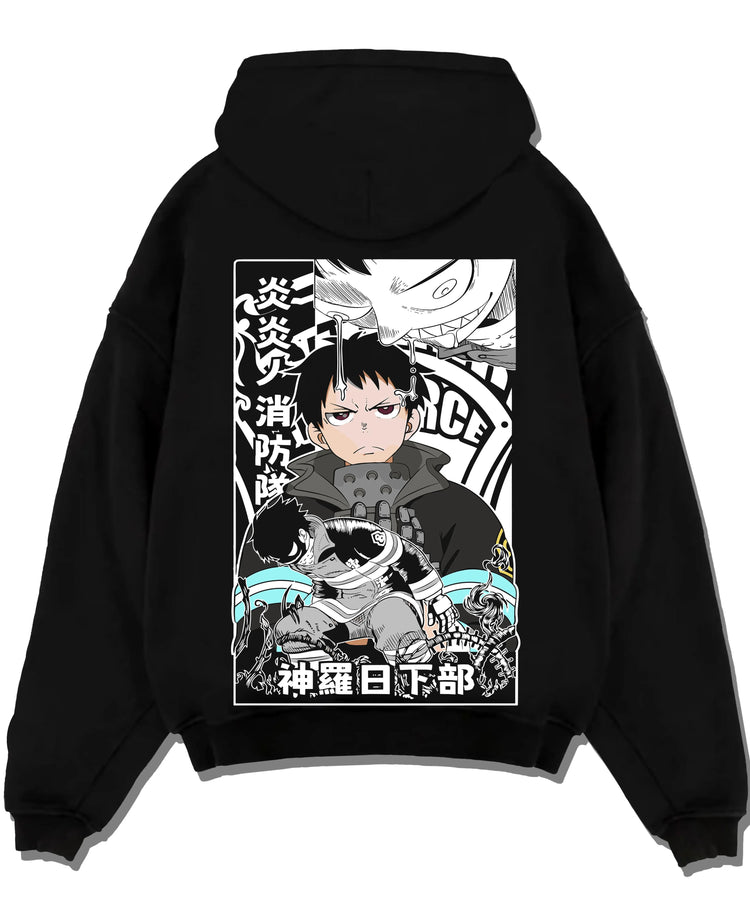 Black hoodie laid flat featuring Adolla Burst Shinra Fire Force monochrome artwork with bold anime graphic print.